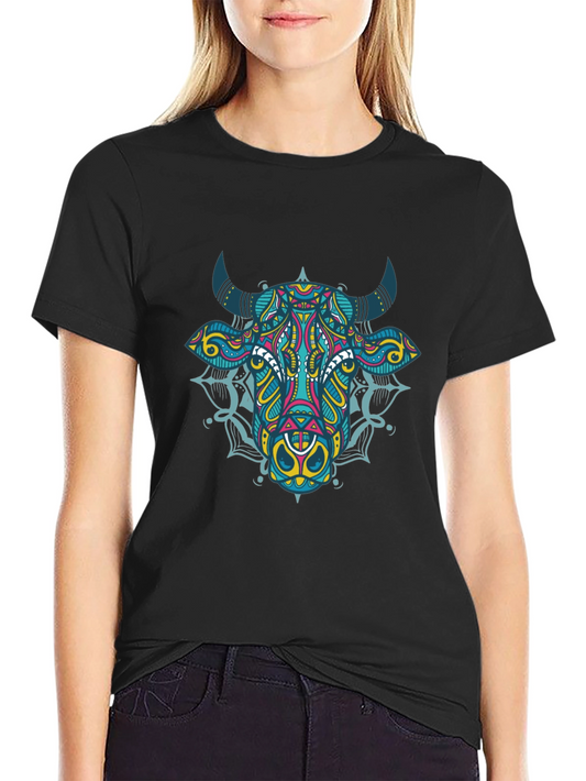 Geometric Bull Graphic Tee - Black Cotton T-Shirt