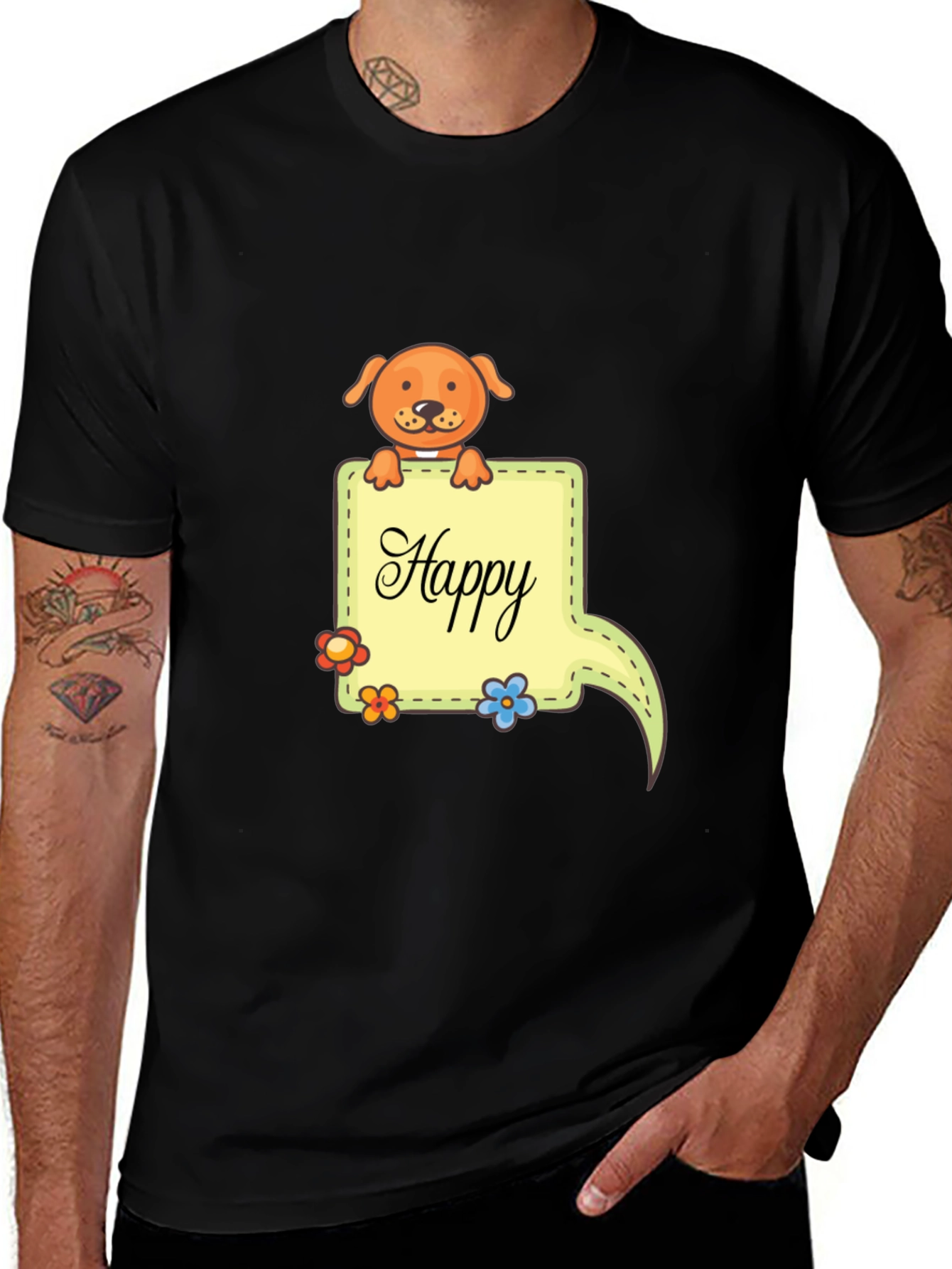 Happy Dog Graphic Print Black T-Shirt