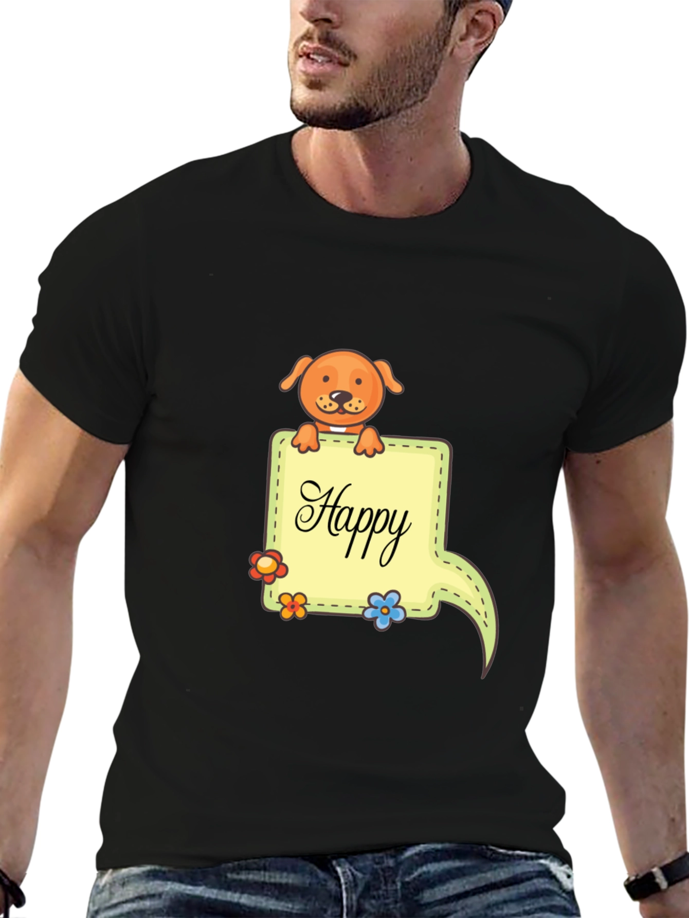 Happy Dog Graphic Print Black T-Shirt