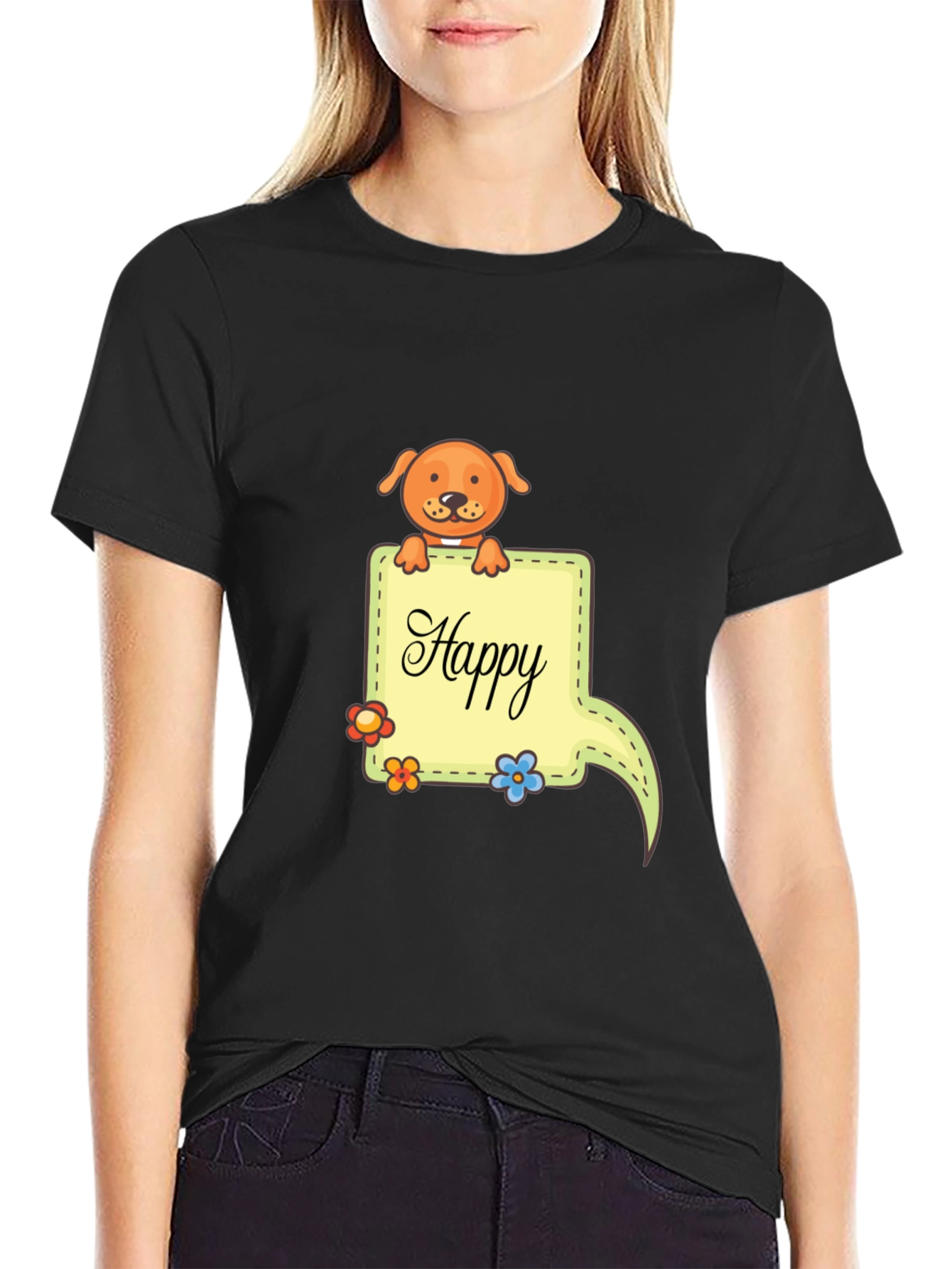 Happy Dog Graphic Print Black T-Shirt