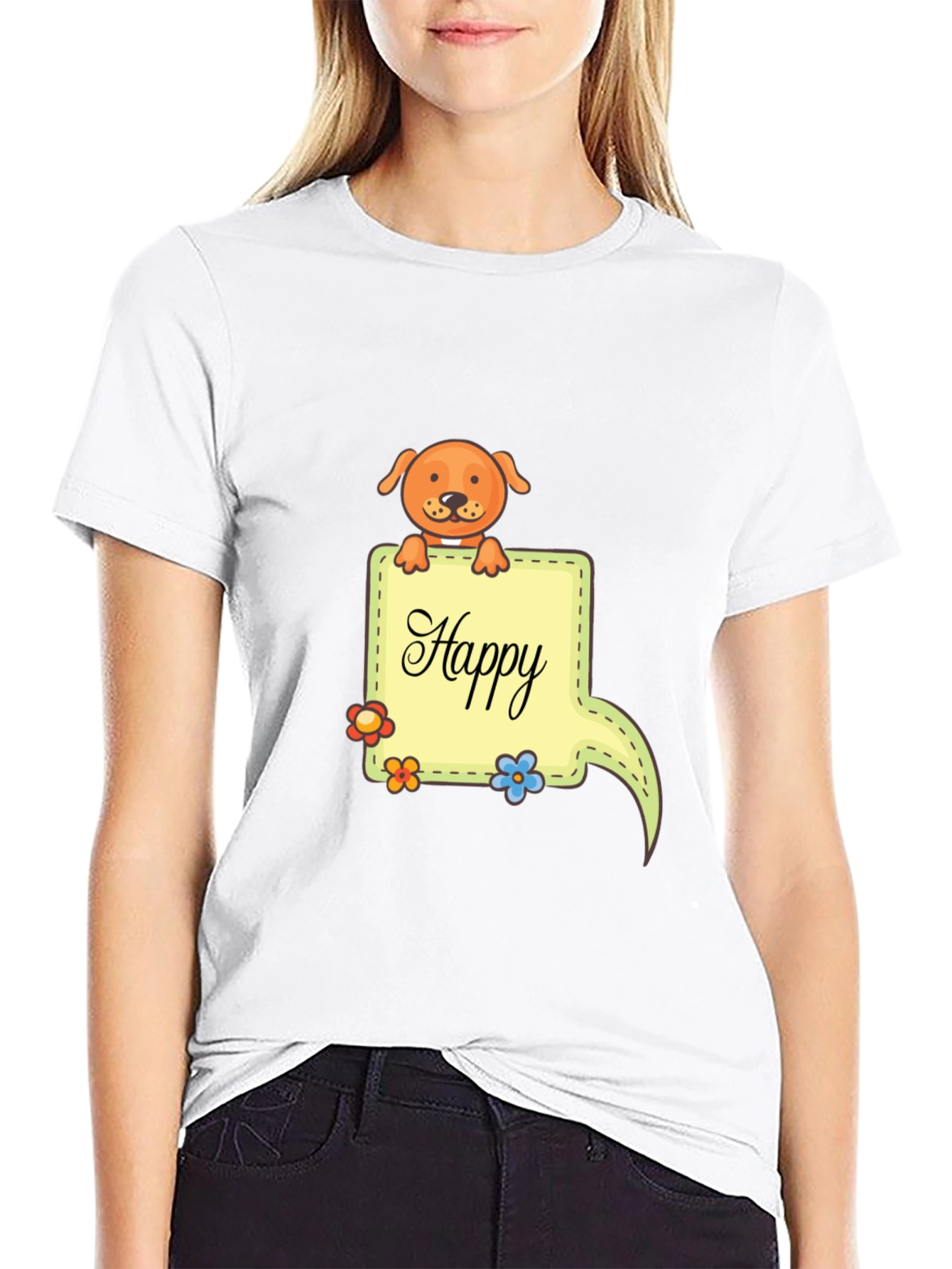 Happy Dog Graphic Print Black T-Shirt