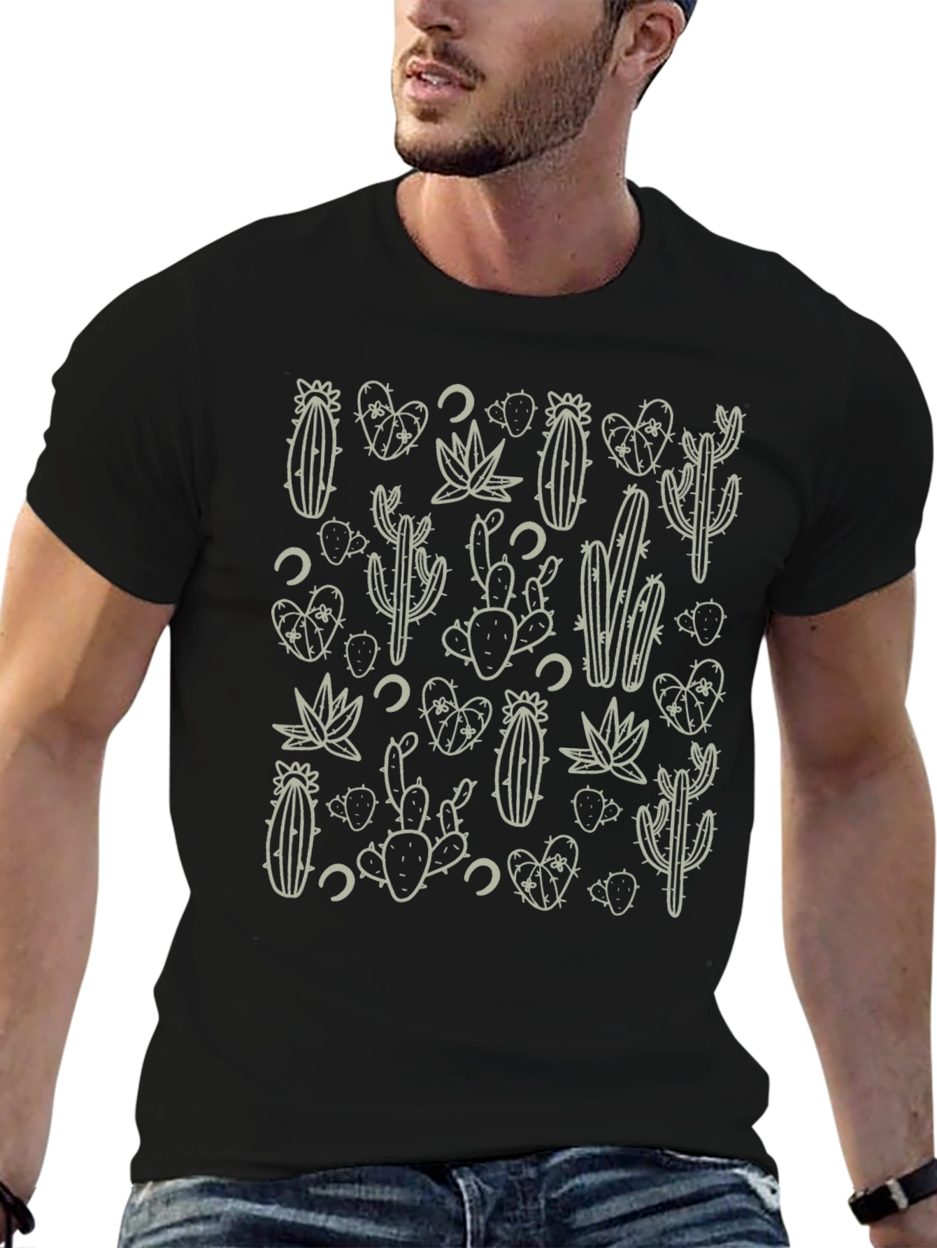 Cactus Pattern Black T-Shirt