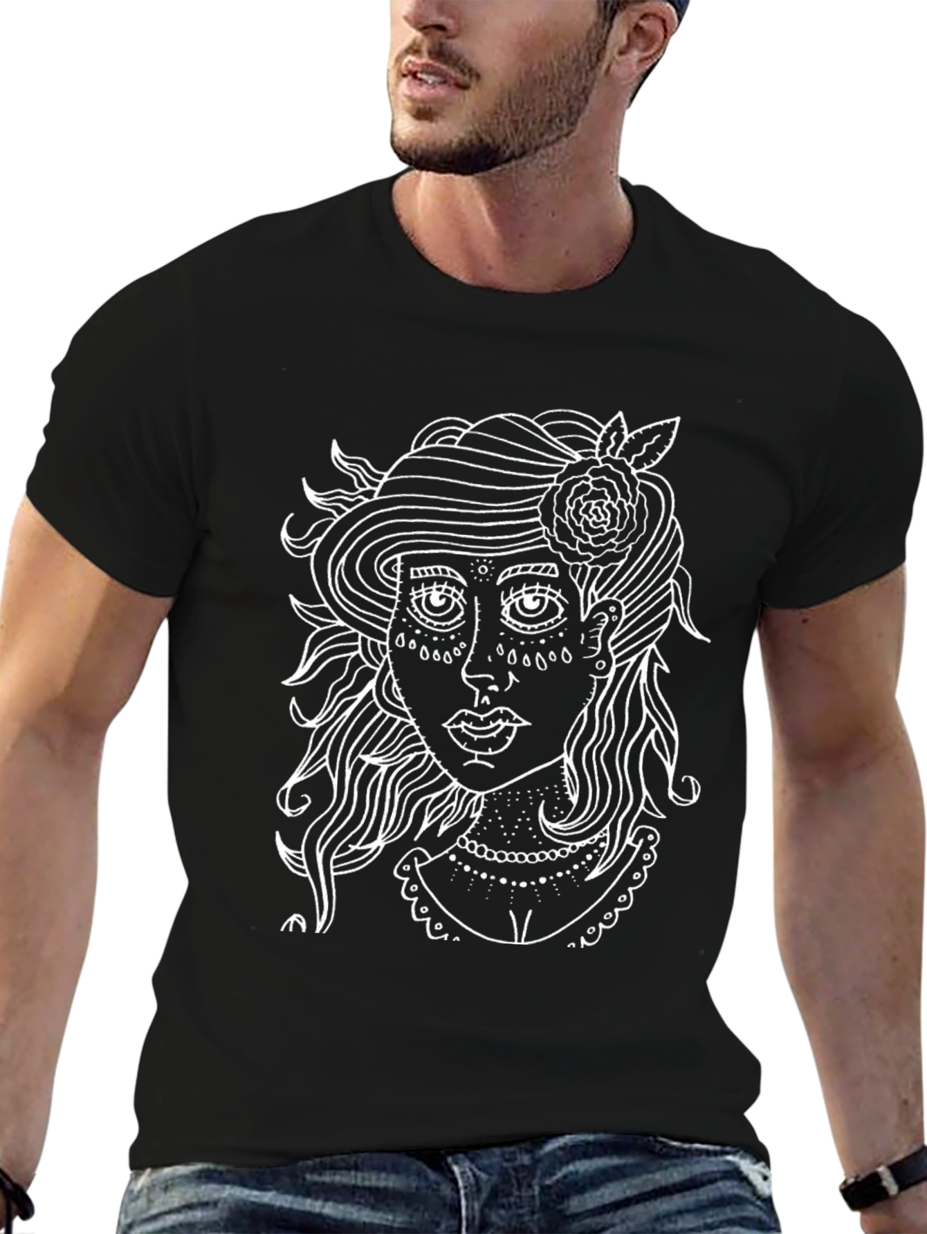 Black T-Shirt with White Girl Art
