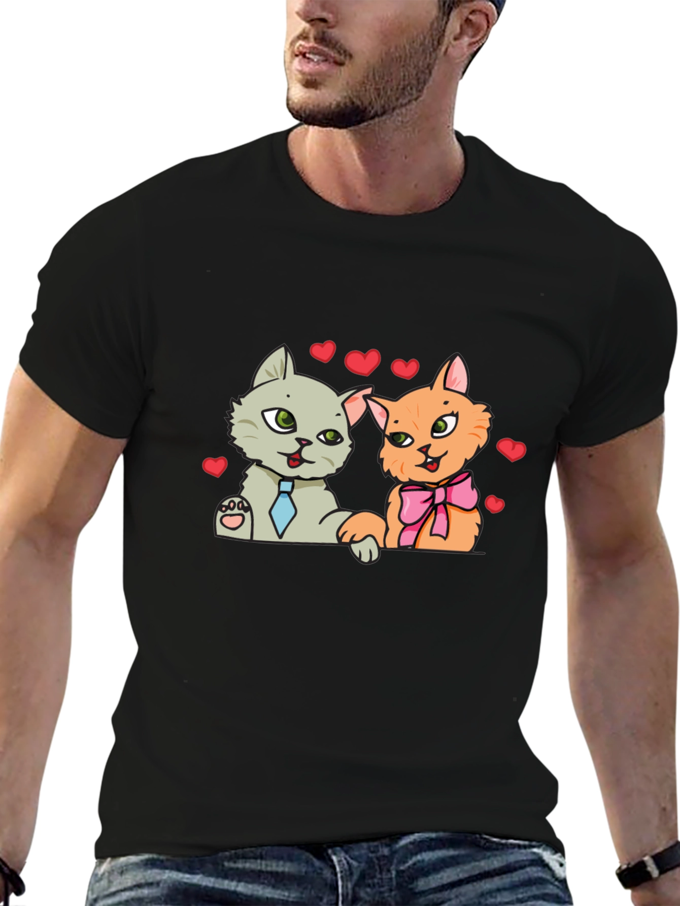 Cute Cats in Love Black T-Shirt