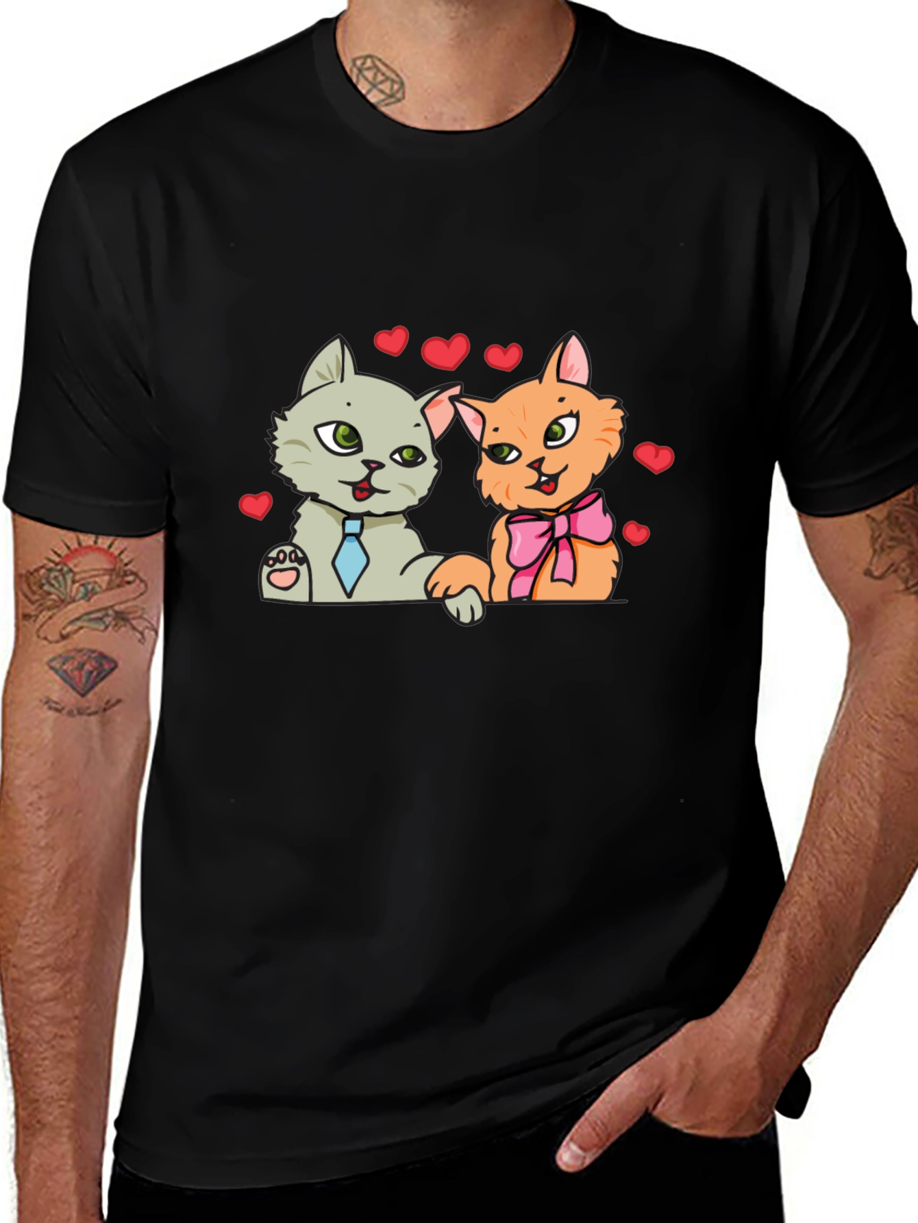 Cute Cats in Love Black T-Shirt