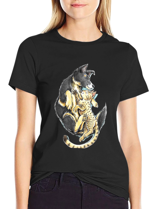 Dog and Cat Hug Black T-Shirt - Animal Lover Tee