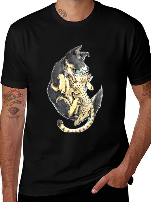 Dog and Cat Hug Black T-Shirt - Animal Lover Tee
