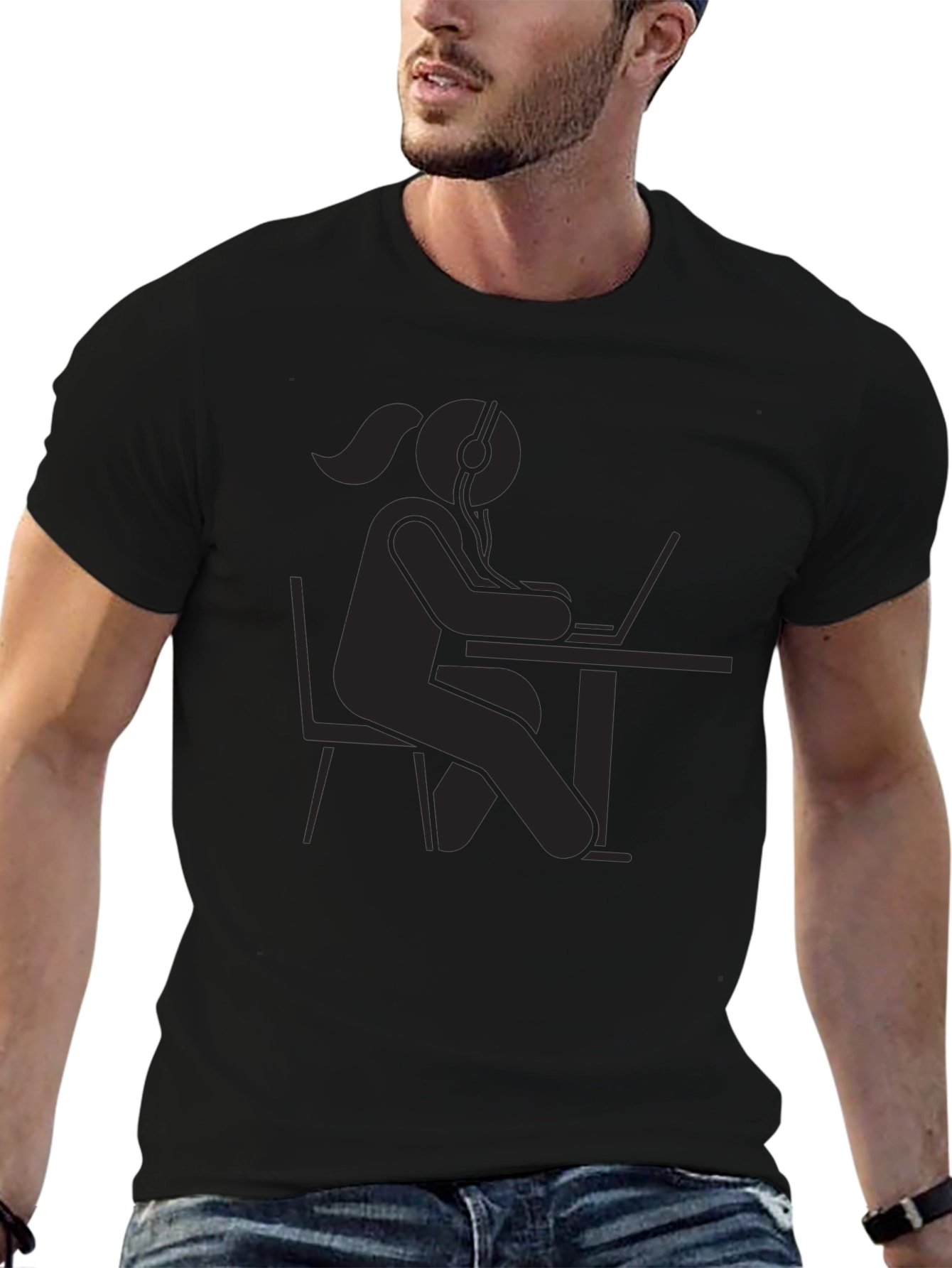 Black T-Shirt - Stick Figure Woman at Computer