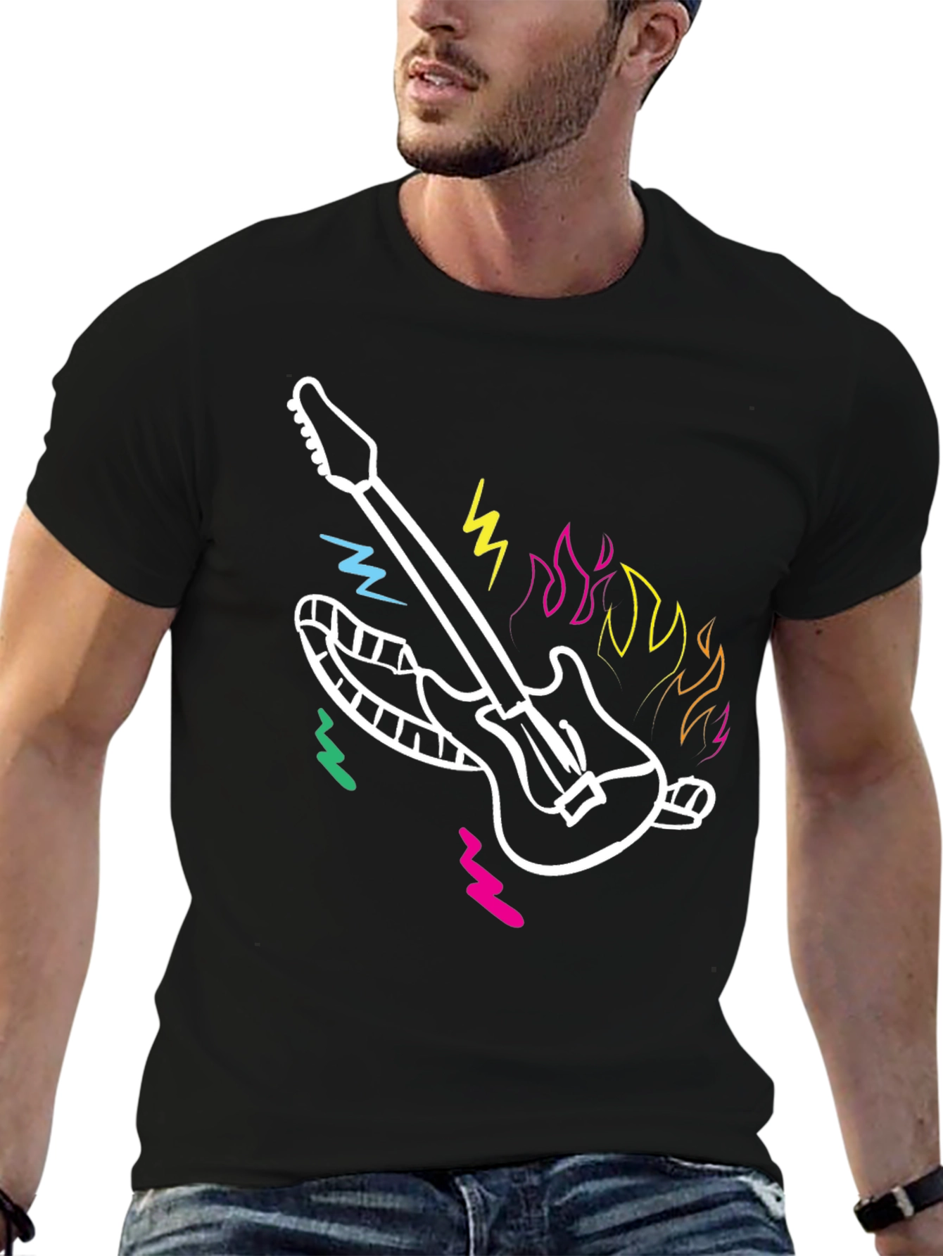 Guitar Graphic Black Tee - Retro Rock Design