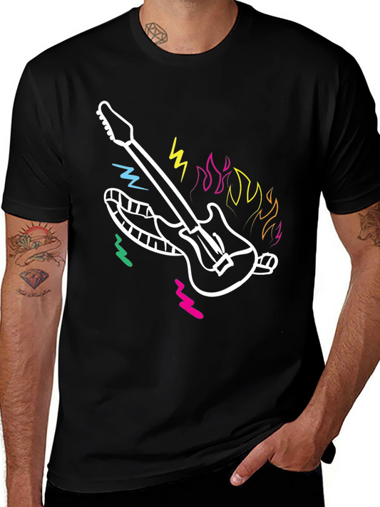 Guitar Graphic Black Tee - Retro Rock Design