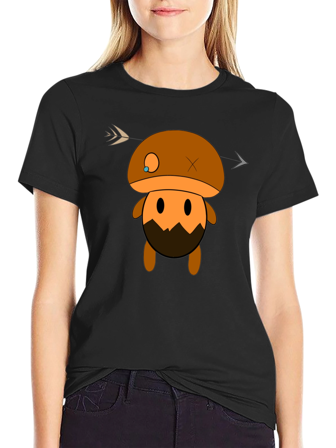 Mushroom Character Graphic Black T-Shirt