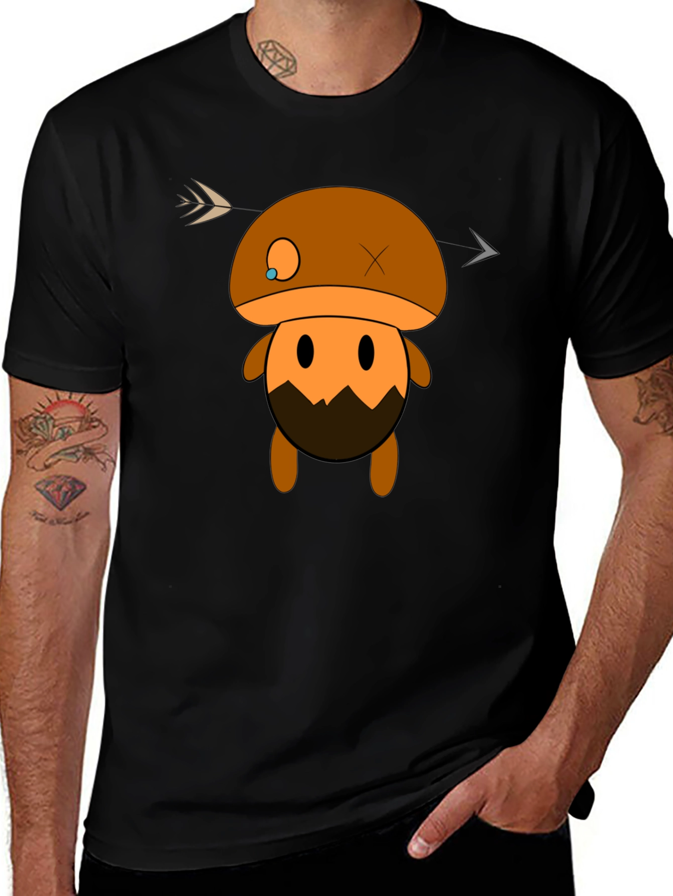 Mushroom Character Graphic Black T-Shirt