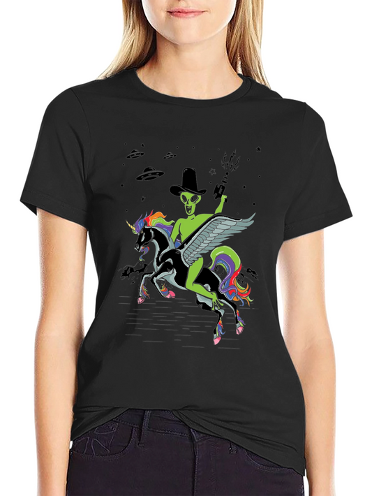 Alien Riding Unicorn T-Shirt - Black Graphic Tee