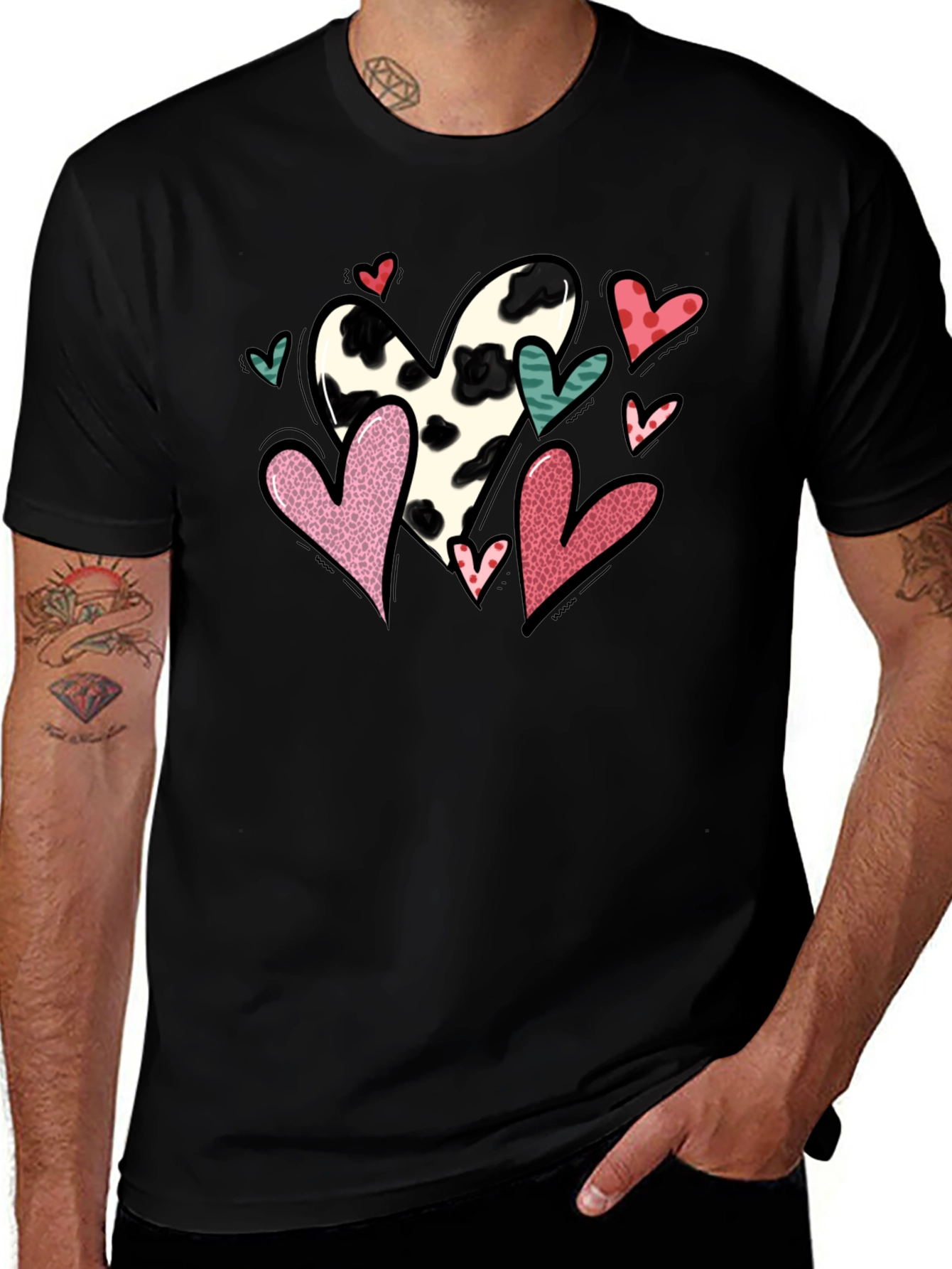 Black T-Shirt with Cow Print Heart Valentines Day Design