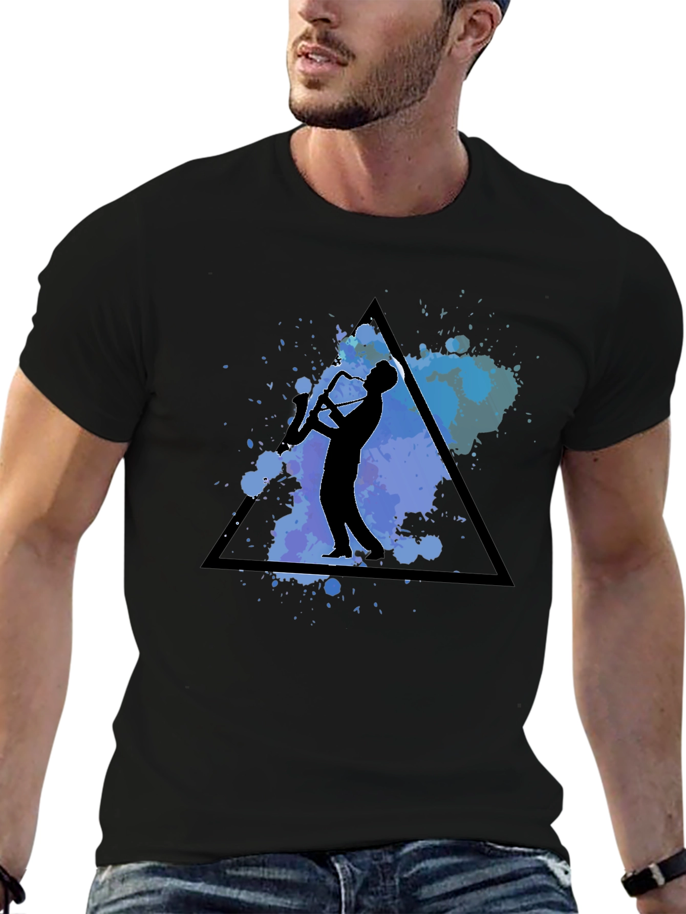 Saxophone Player Graphic Tee - Black Cotton Blend