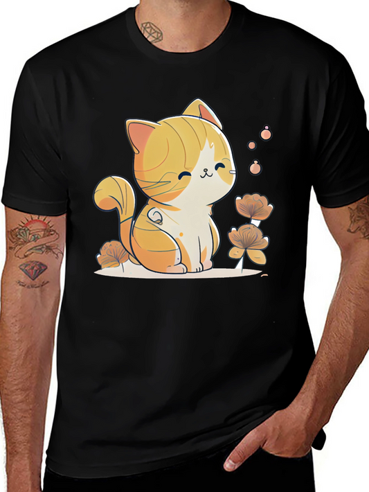 Cute Cat Graphic Tee - Black Cotton Comfort