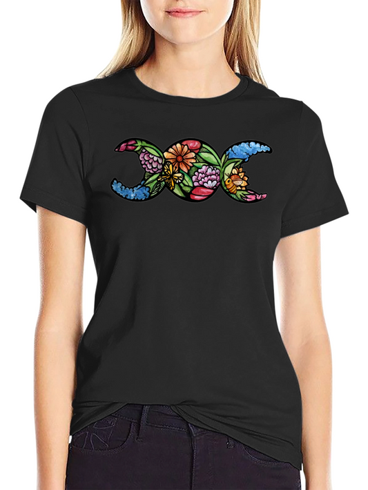 Floral Triple Moon Goddess T-Shirt - Black