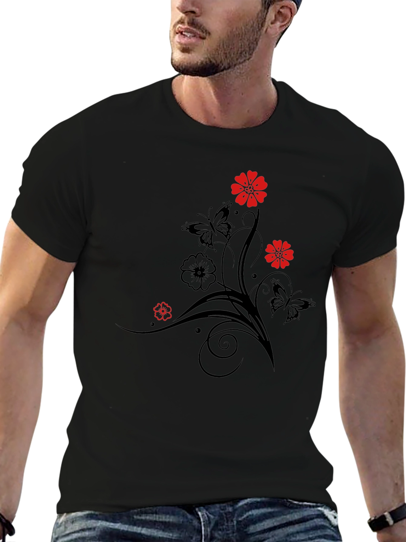 Black Floral & Butterfly Graphic T-Shirt