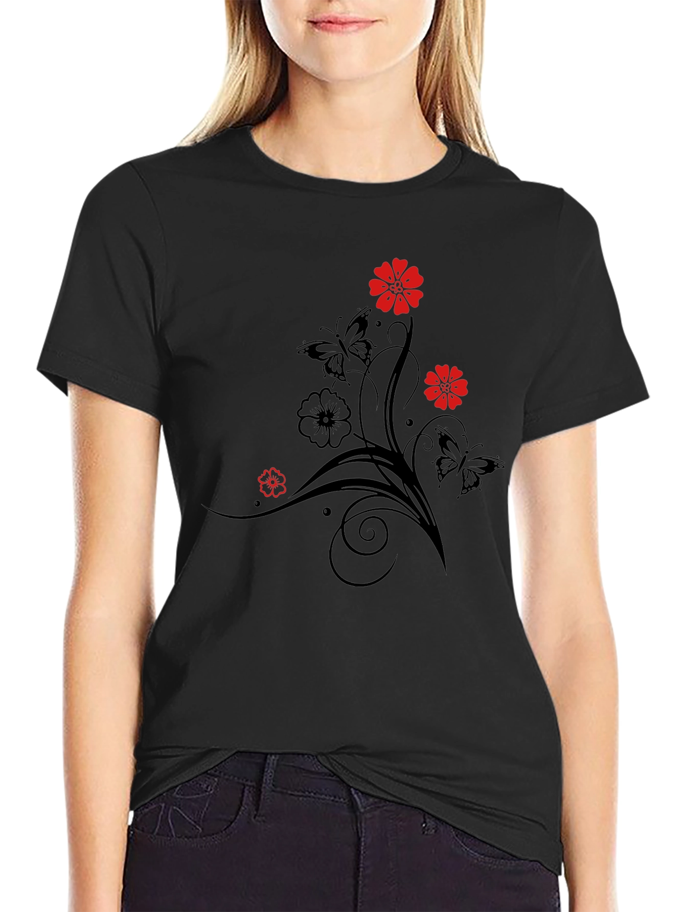 Black Floral & Butterfly Graphic T-Shirt