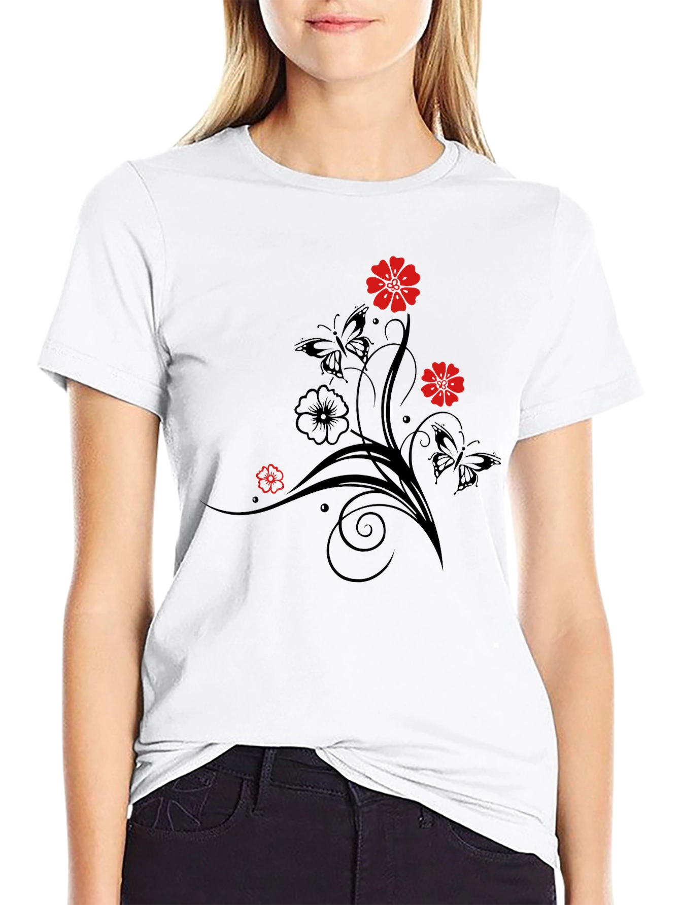 Black Floral & Butterfly Graphic T-Shirt