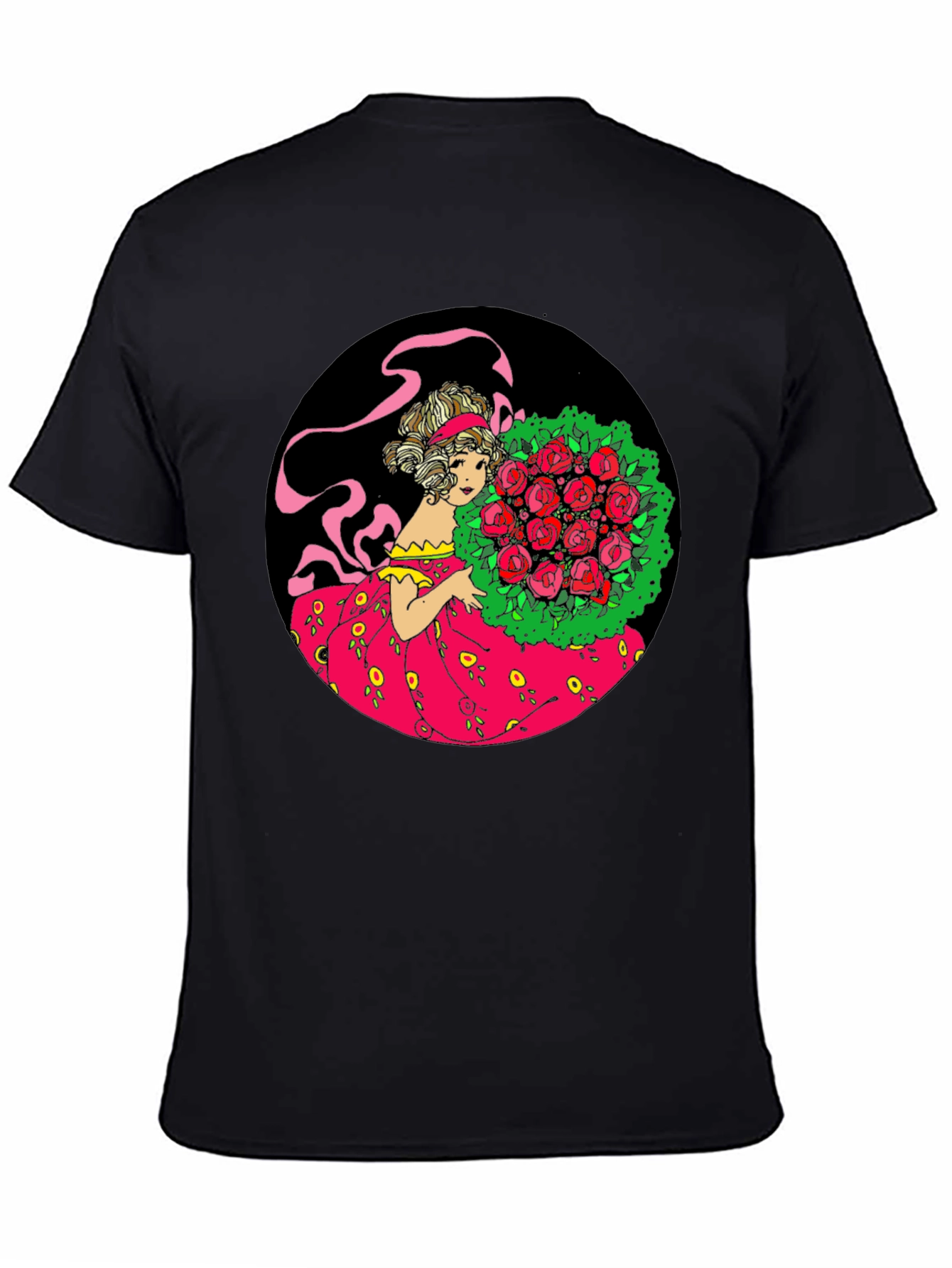 Elegant Lady & Roses Graphic Tee - Black