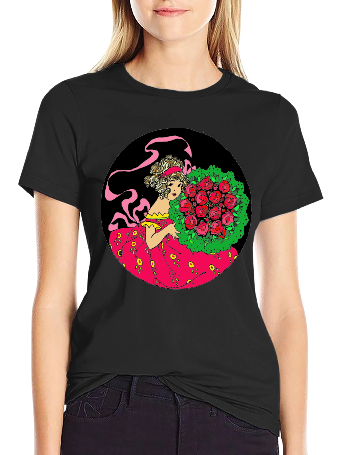 Elegant Lady & Roses Graphic Tee - Black