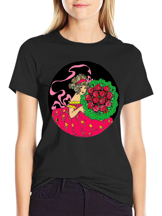 Elegant Lady & Roses Graphic Tee - Black