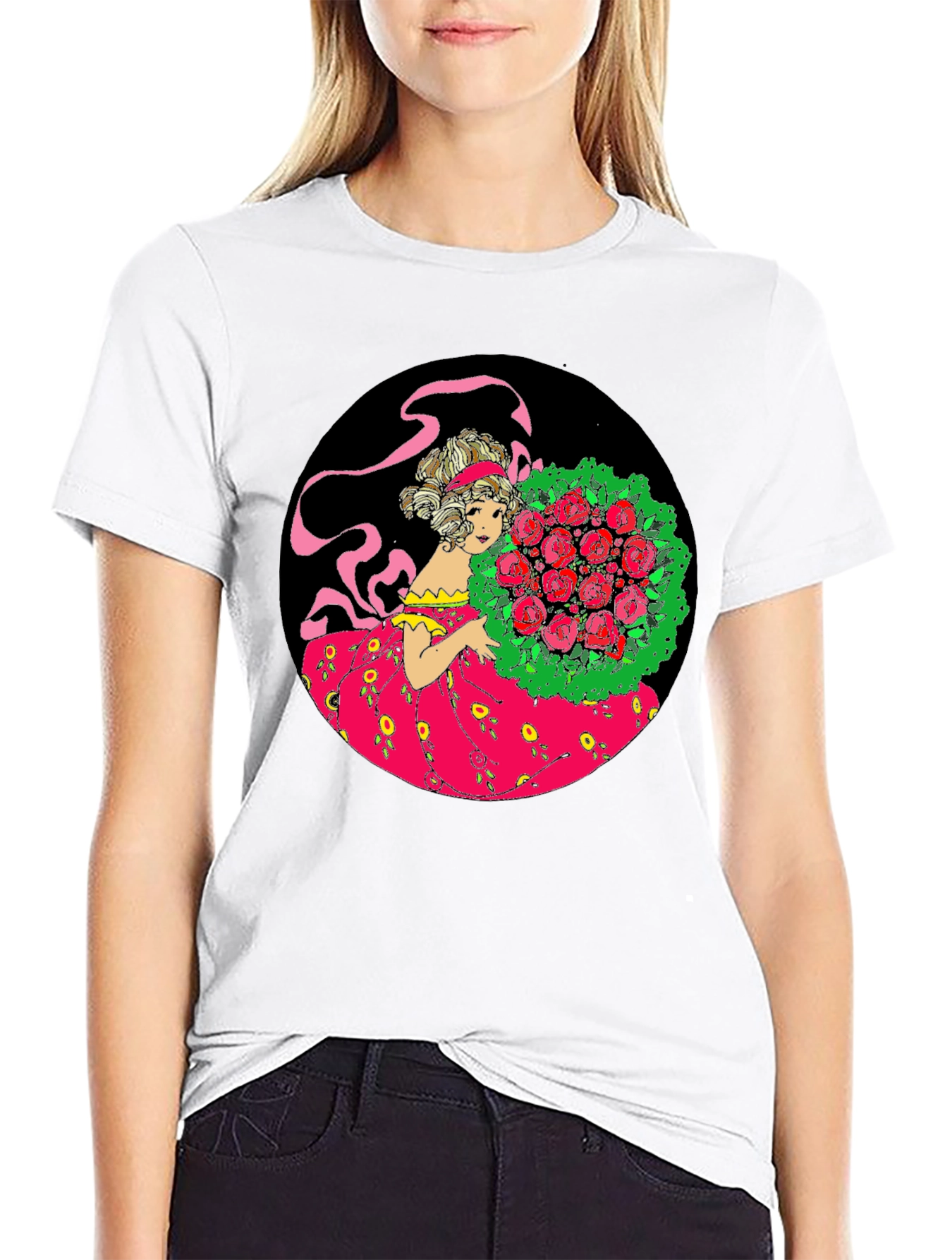 Elegant Lady & Roses Graphic Tee - Black