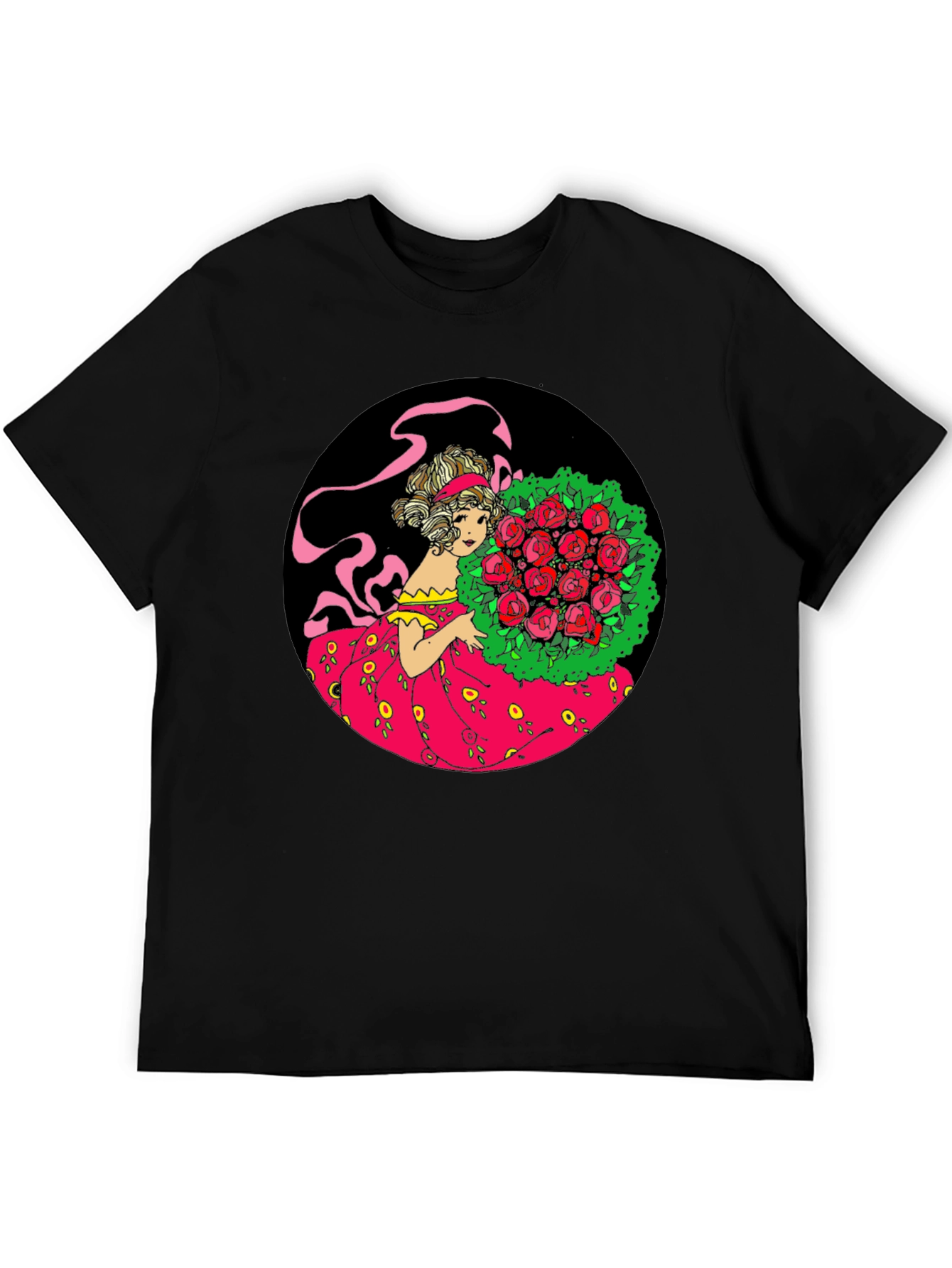 Elegant Lady & Roses Graphic Tee - Black
