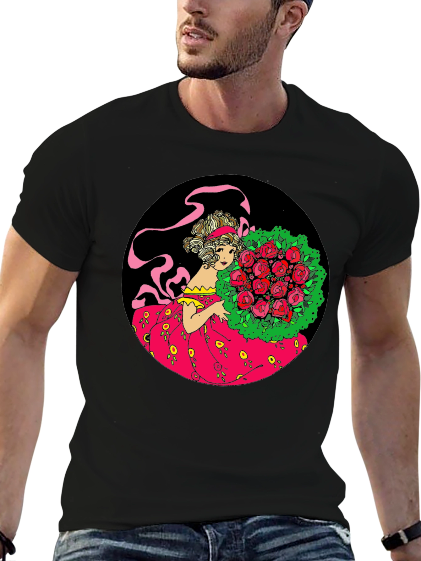 Elegant Lady & Roses Graphic Tee - Black