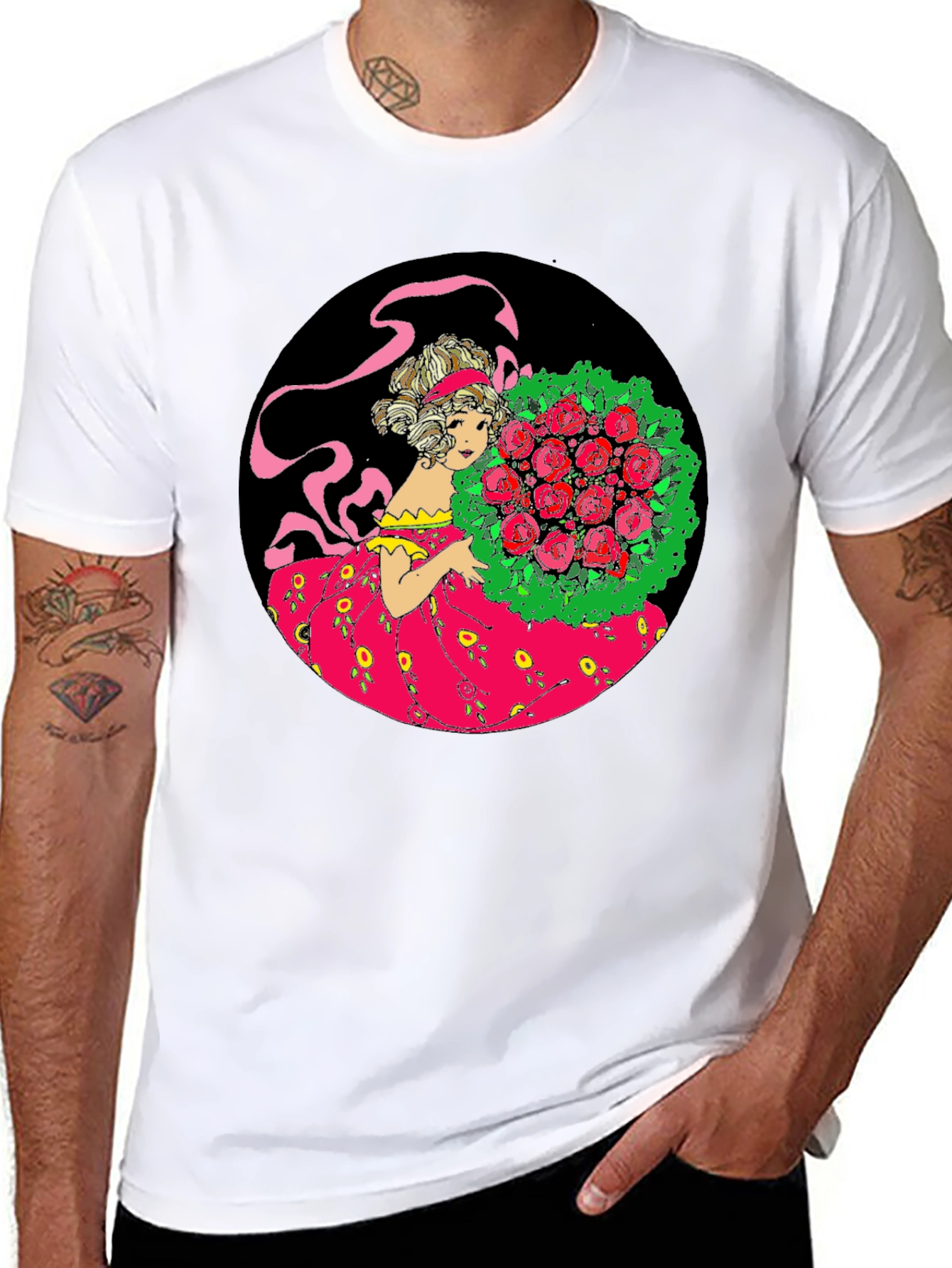 Elegant Lady & Roses Graphic Tee - Black