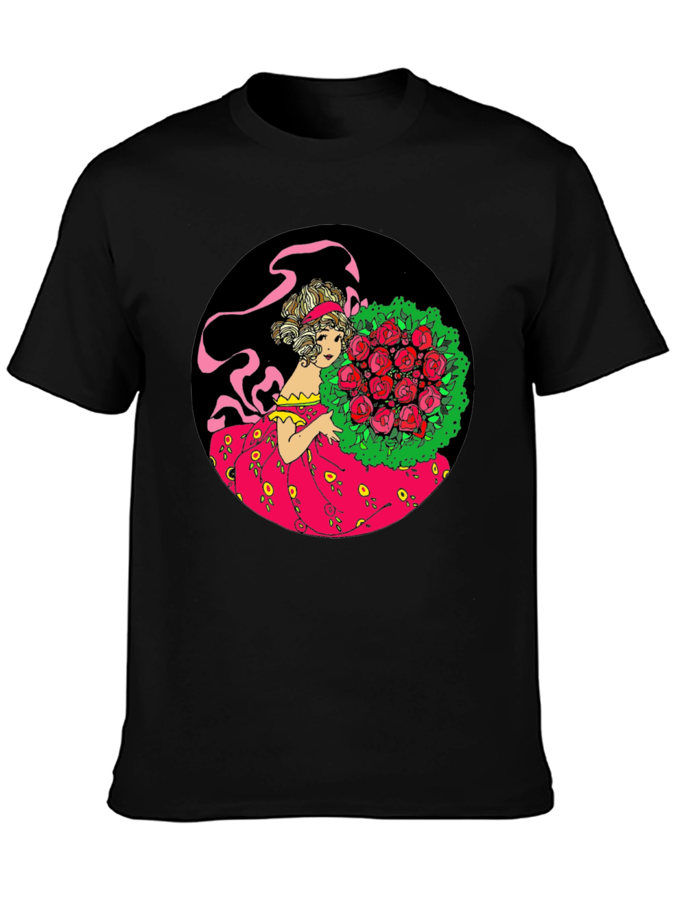 Elegant Lady & Roses Graphic Tee - Black