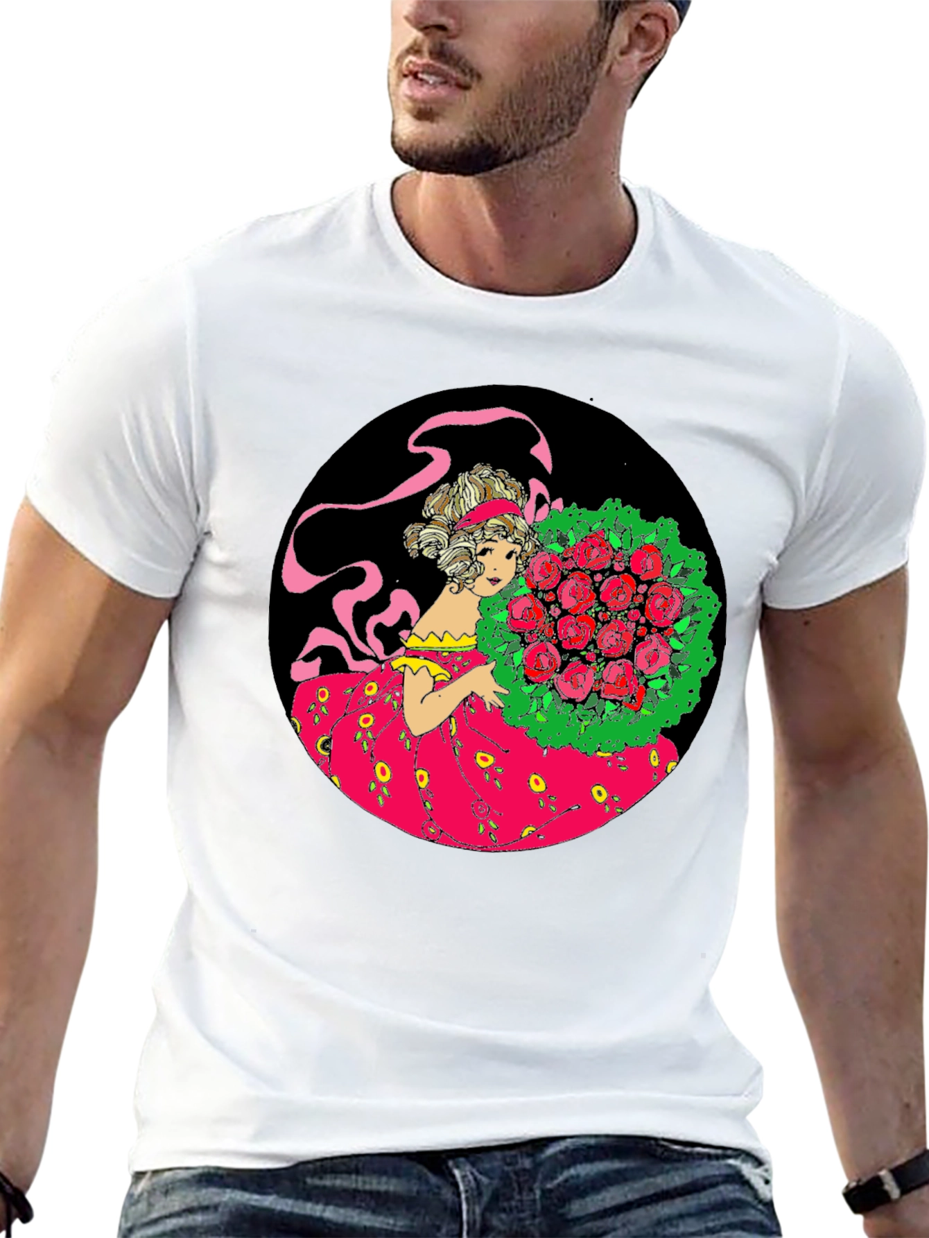 Elegant Lady & Roses Graphic Tee - Black