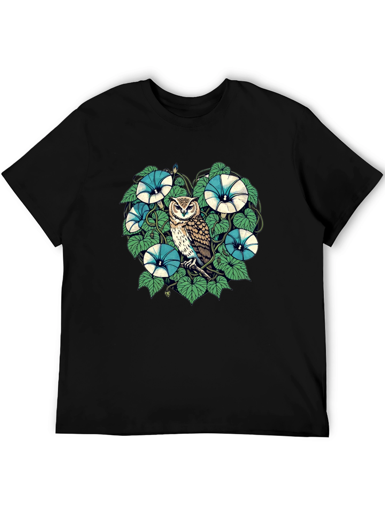 Owl & Floral Graphic Print Black T-Shirt