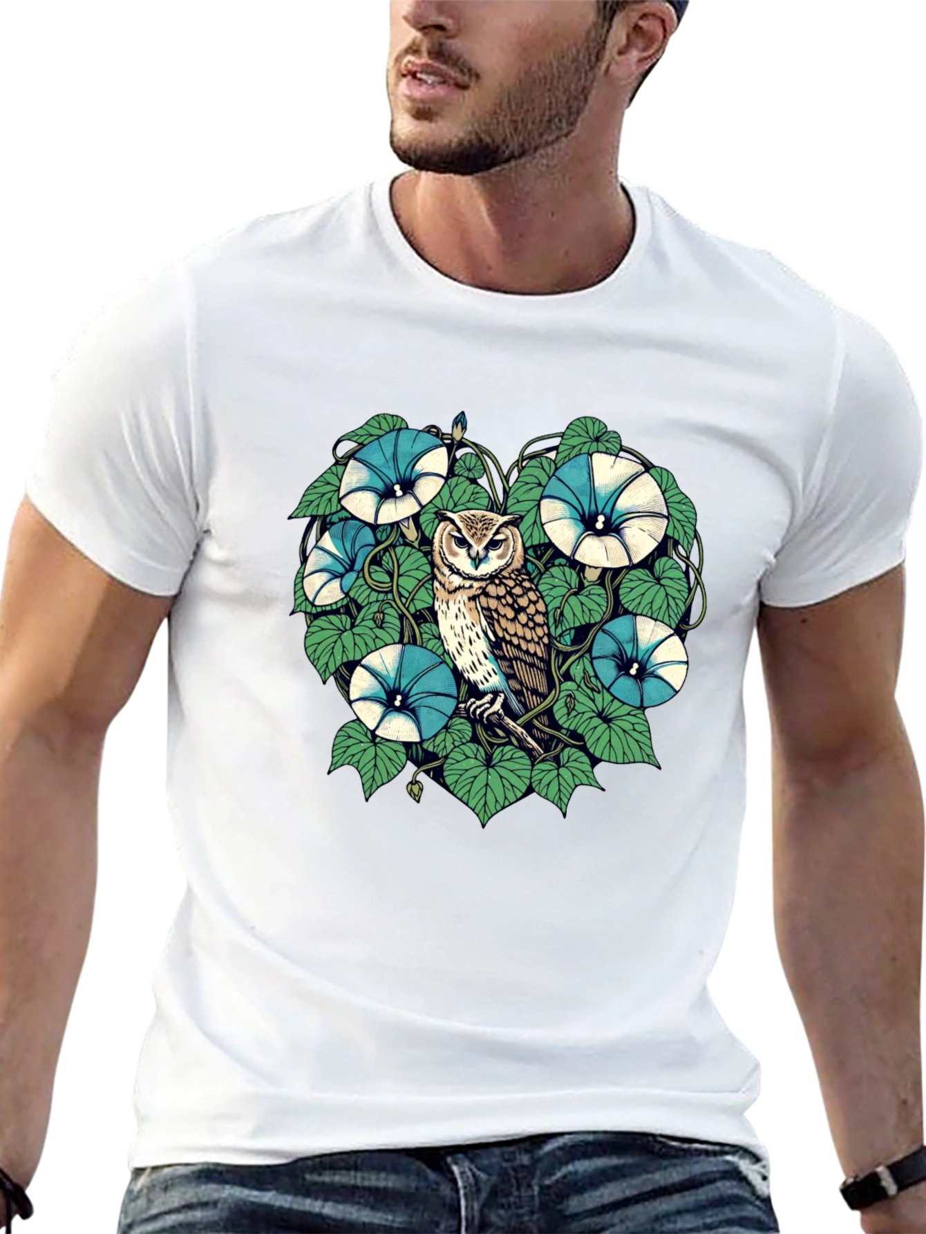 Owl & Floral Graphic Print Black T-Shirt