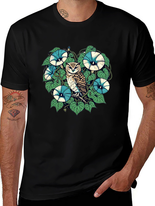 Owl & Floral Graphic Print Black T-Shirt