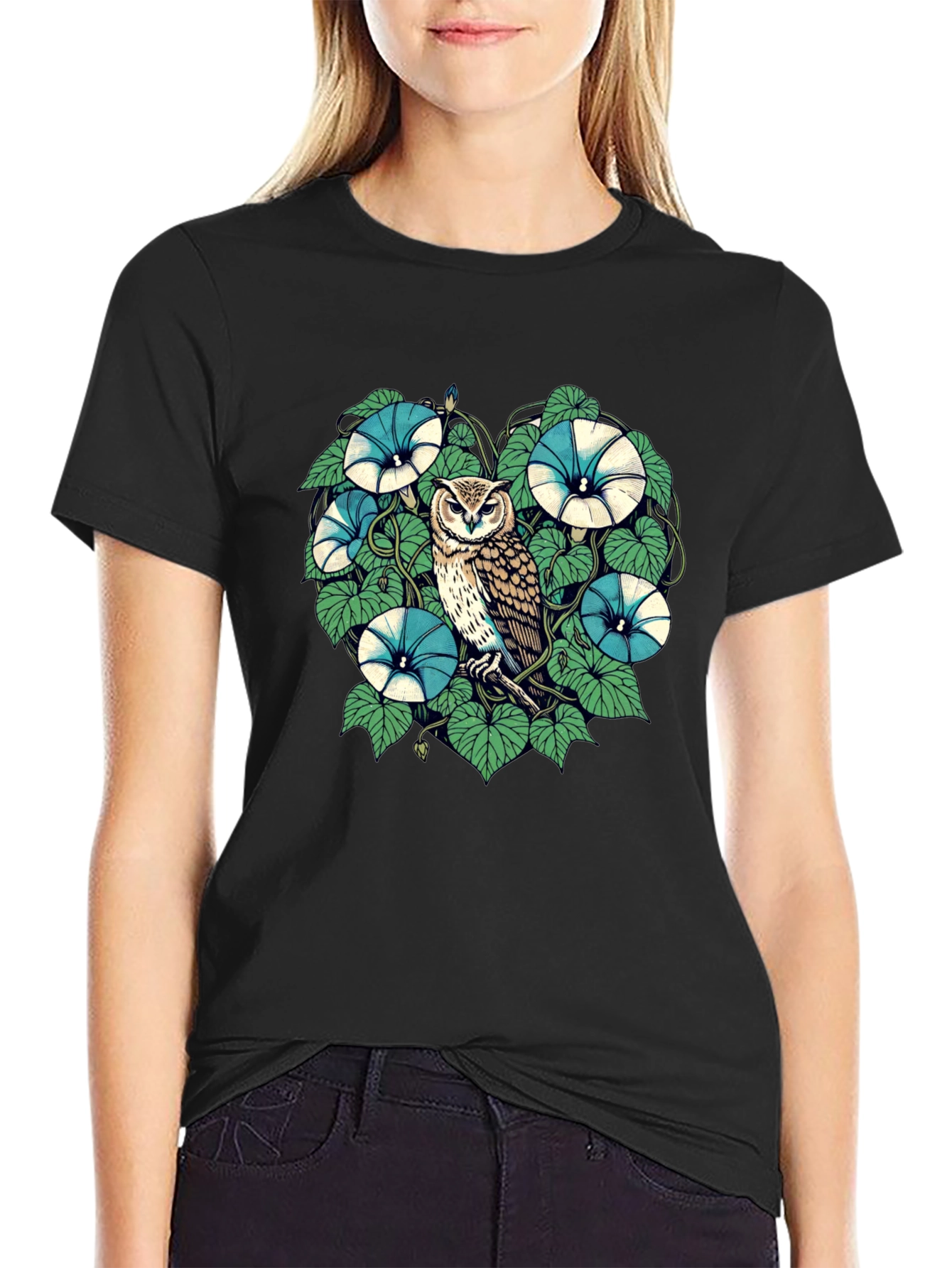 Owl & Floral Graphic Print Black T-Shirt