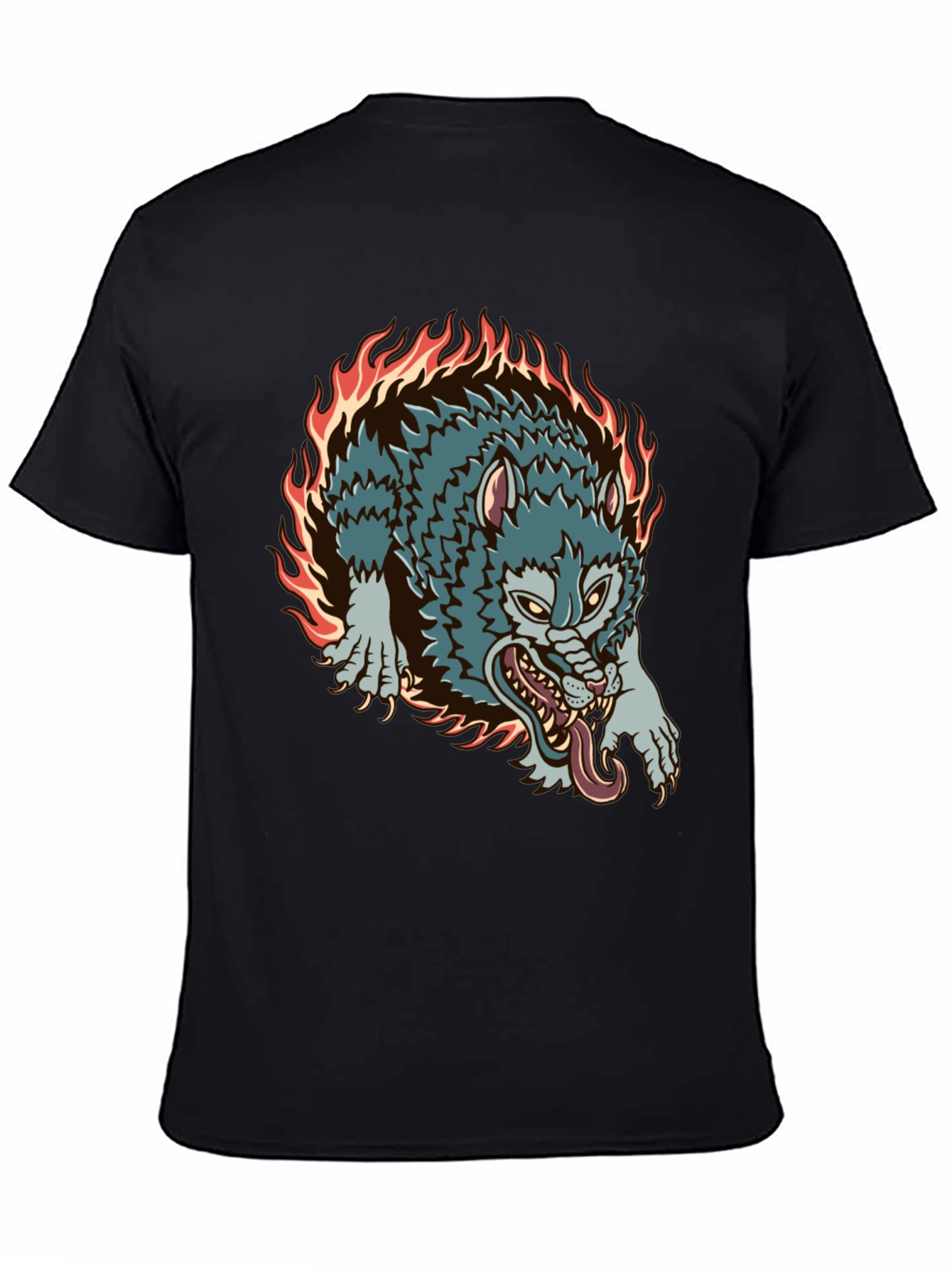 Fiery Wolf Graphic Black T-Shirt