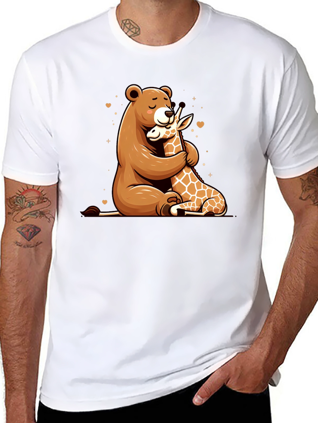 Bear and Giraffe Hug Black T-Shirt