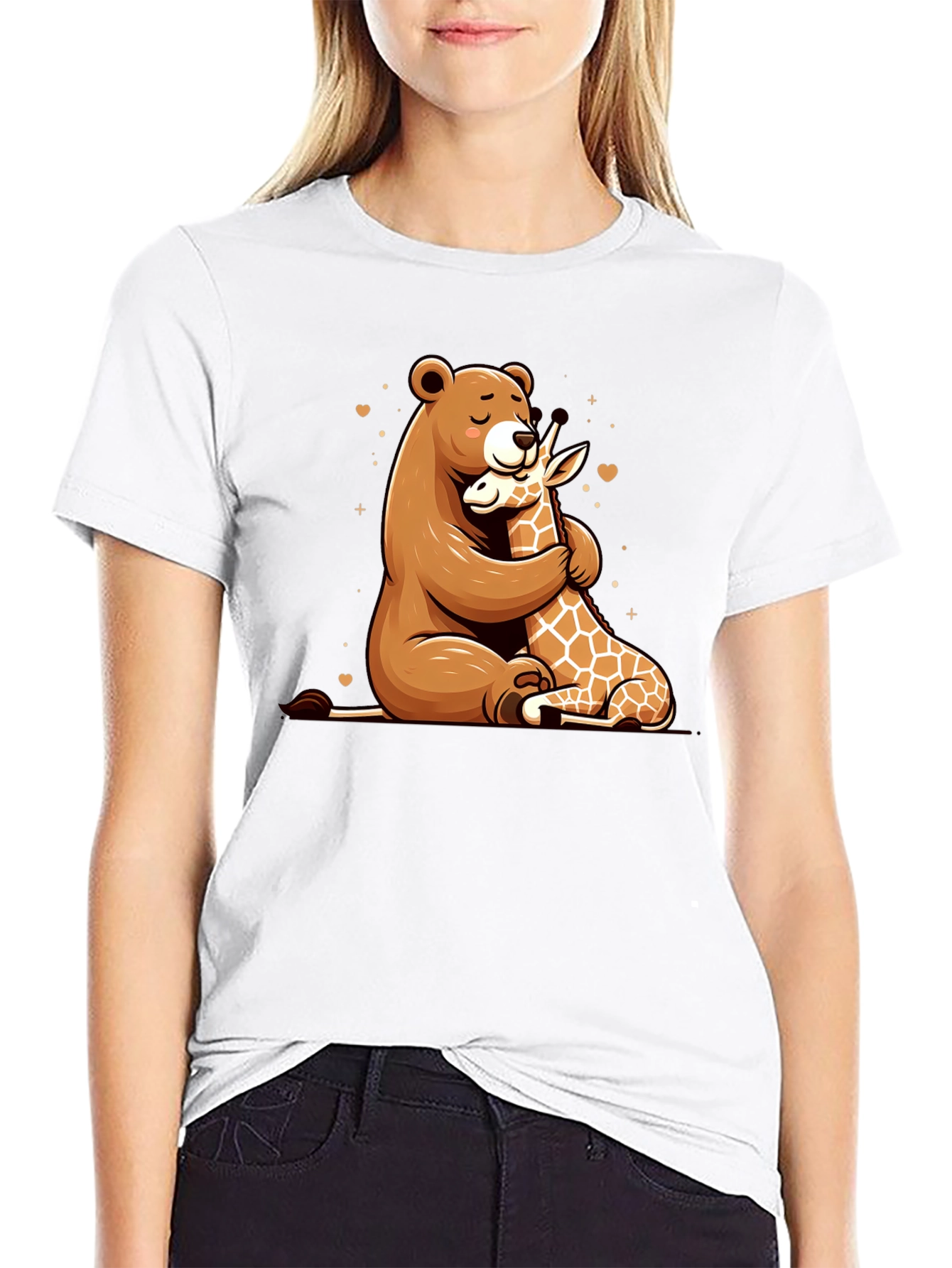 Bear and Giraffe Hug Black T-Shirt