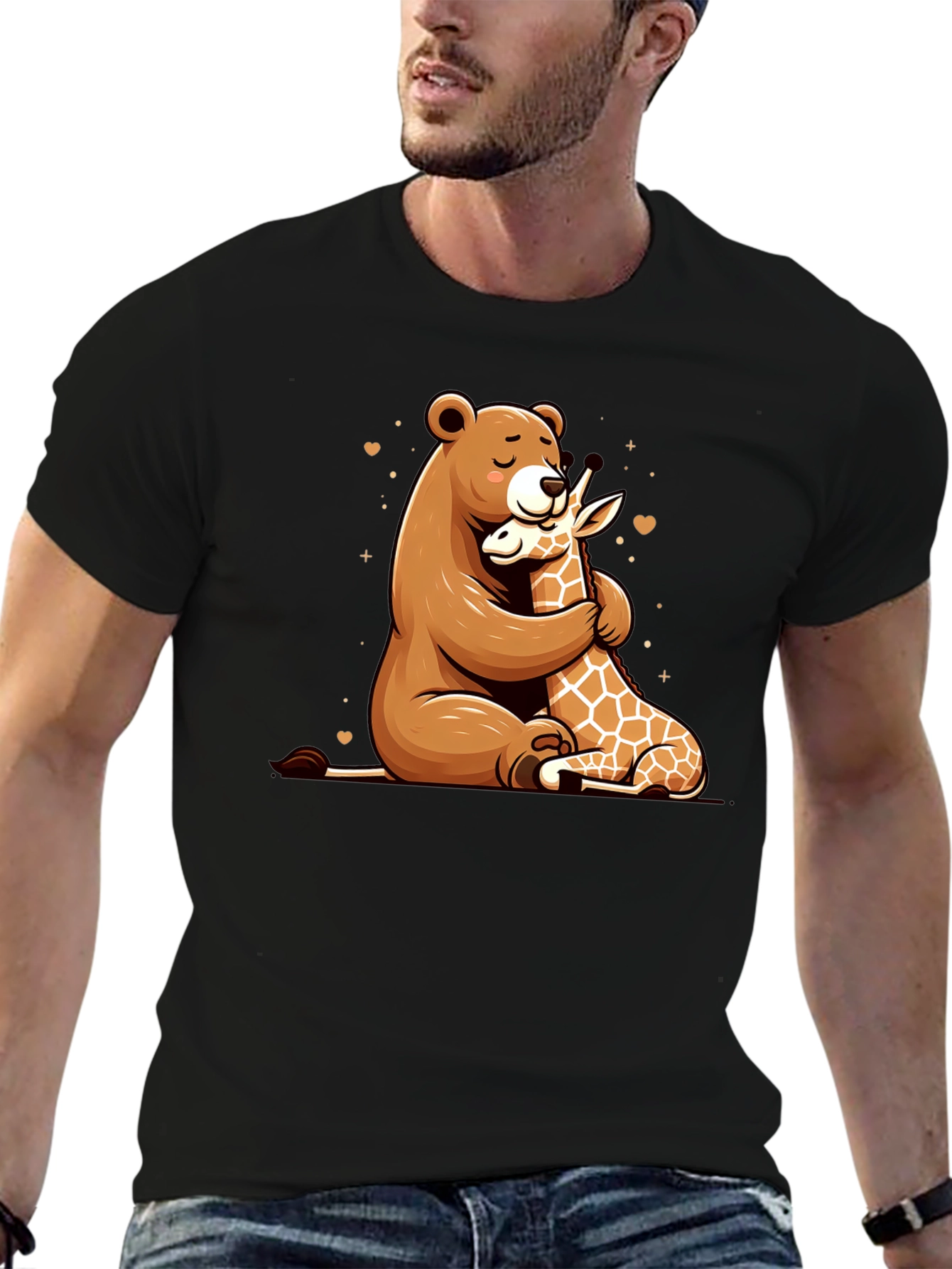 Bear and Giraffe Hug Black T-Shirt