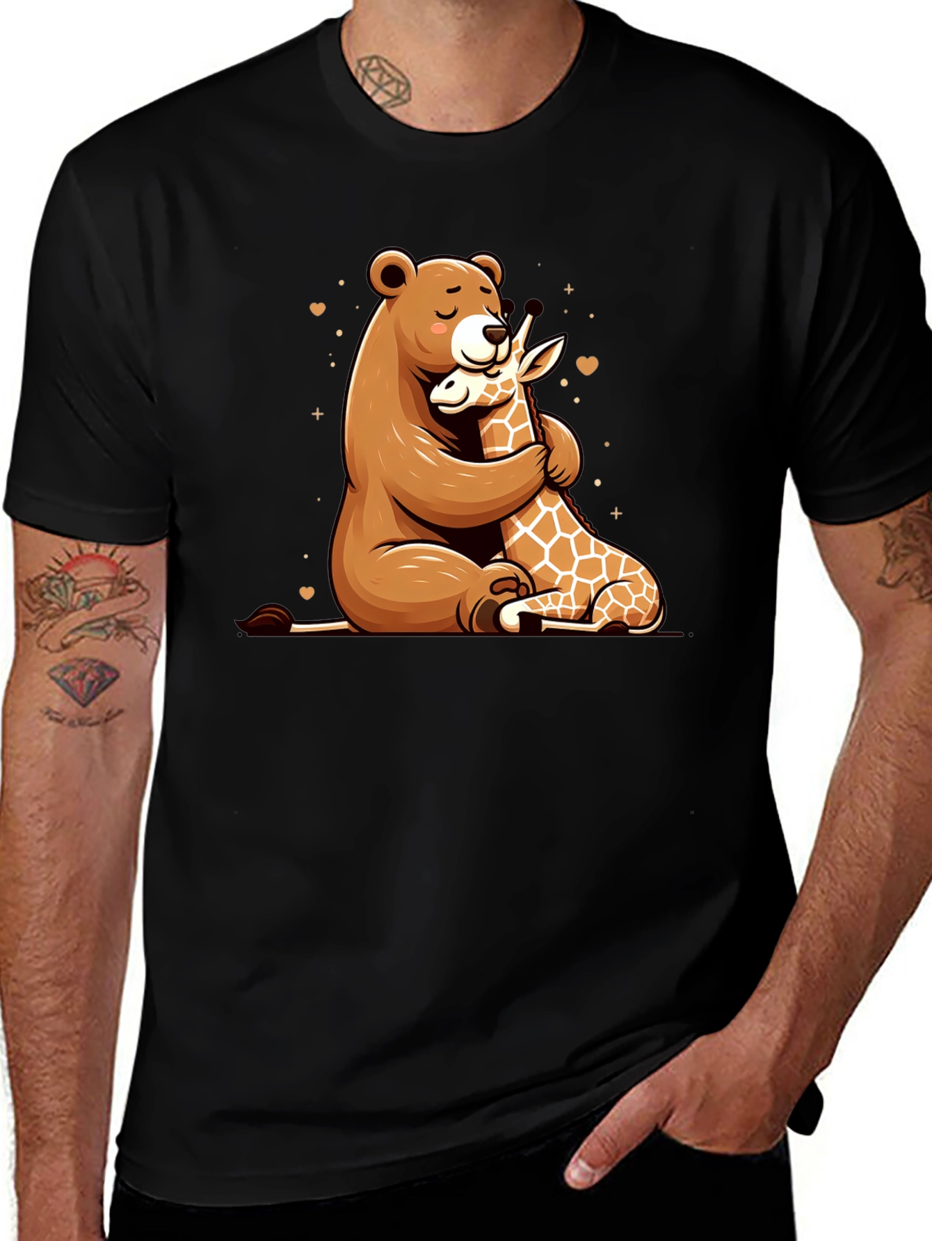 Bear and Giraffe Hug Black T-Shirt