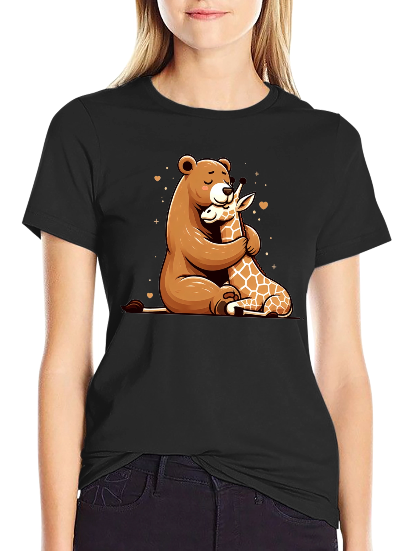 Bear and Giraffe Hug Black T-Shirt
