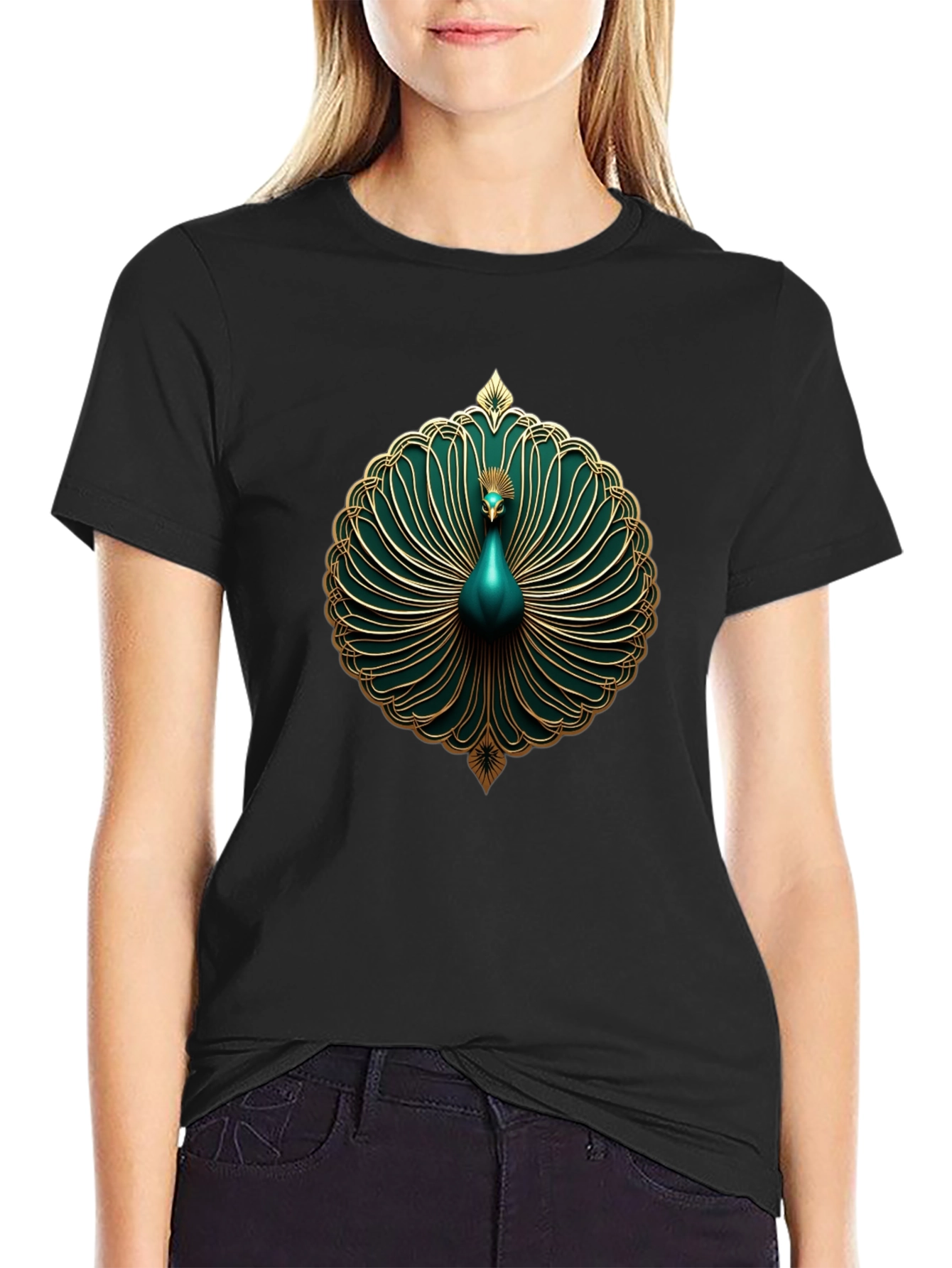 Elegant Peacock Graphic Tee - Stylish Mens Black T-Shirt
