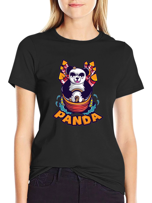 Cartoon Panda Fireworks Black T-Shirt