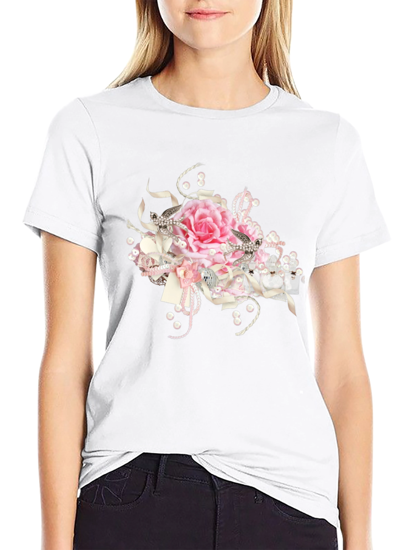 Black Tee with Floral Embellishment