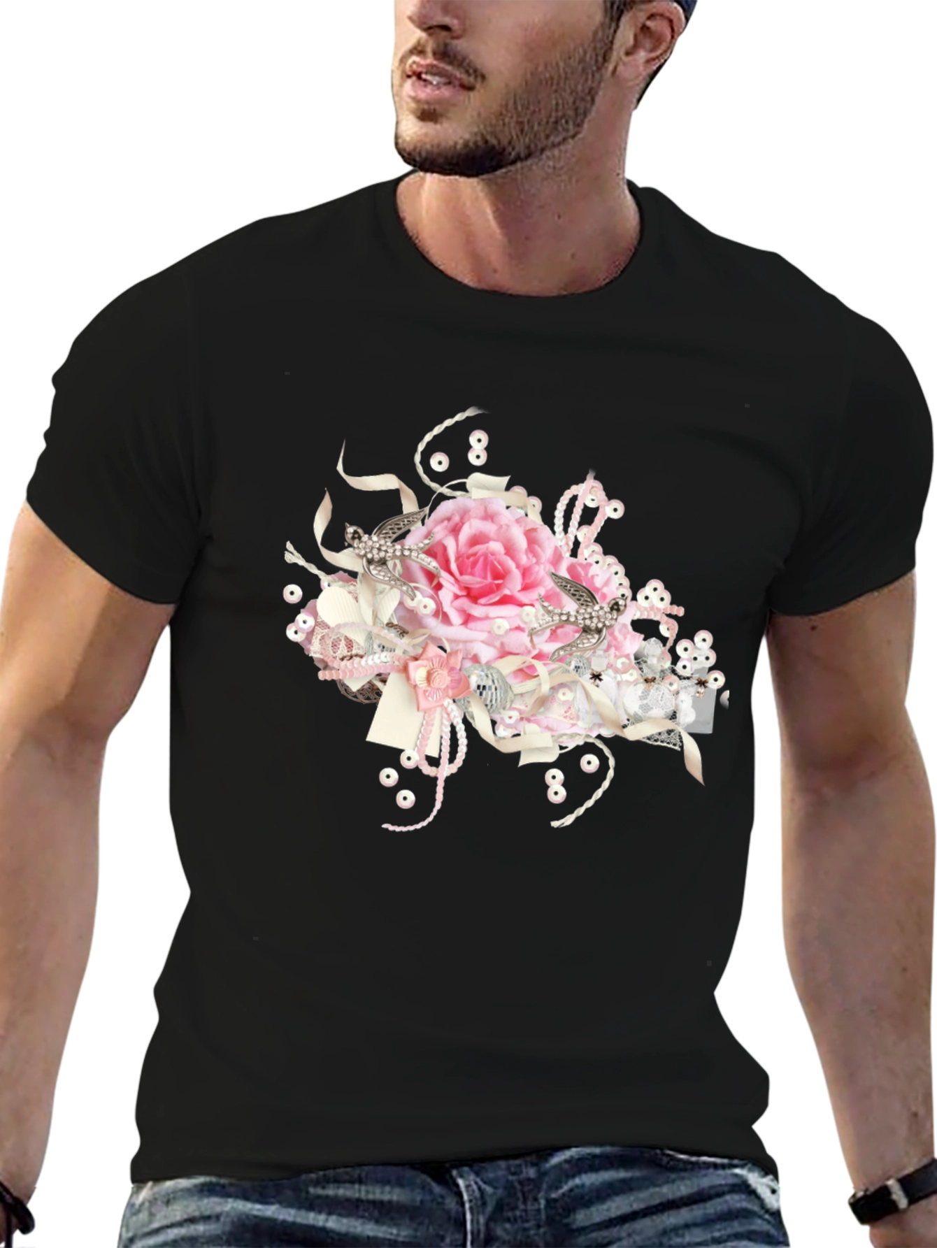 Black Tee with Floral Embellishment