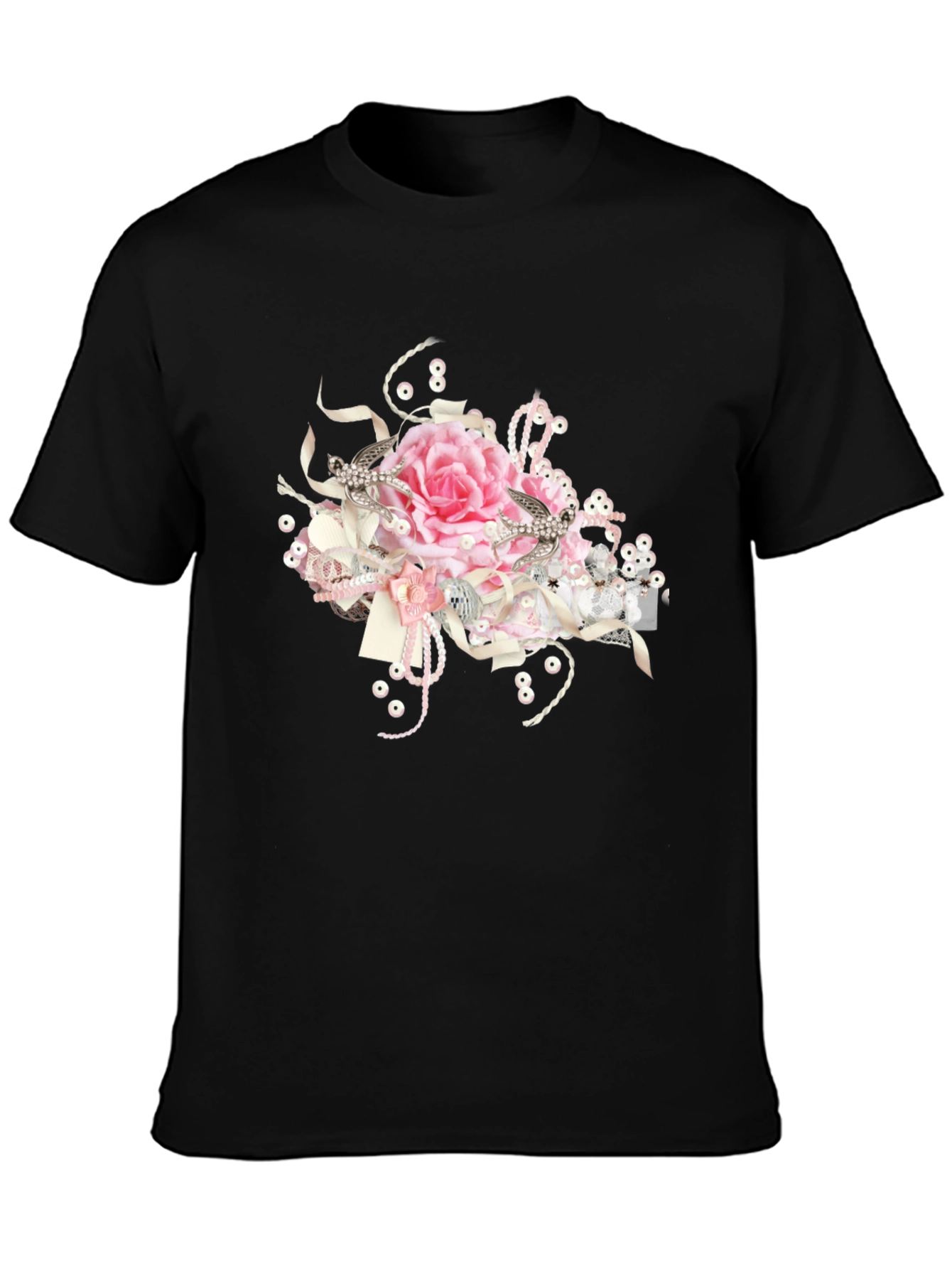 Black Tee with Floral Embellishment