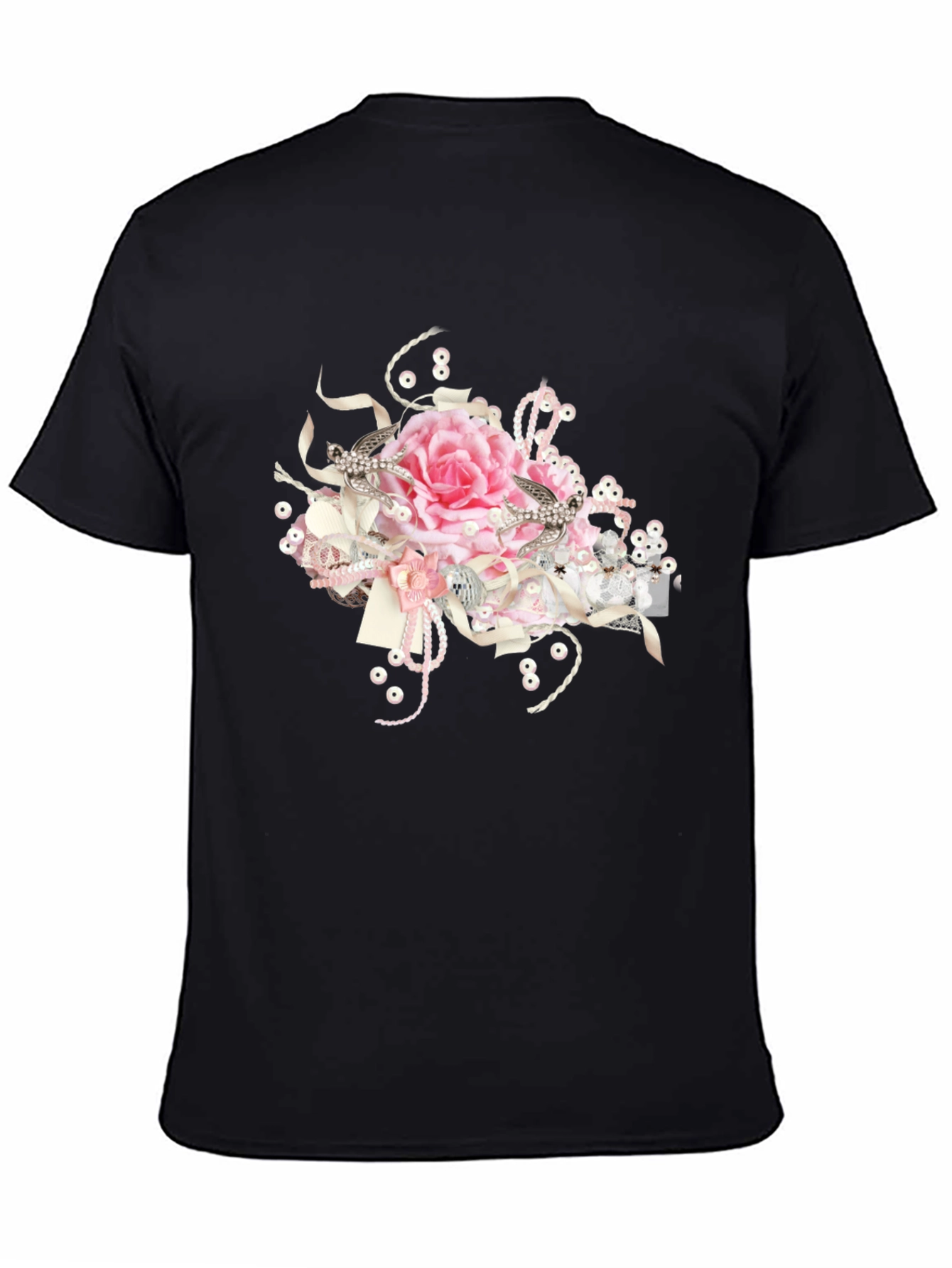 Black Tee with Floral Embellishment