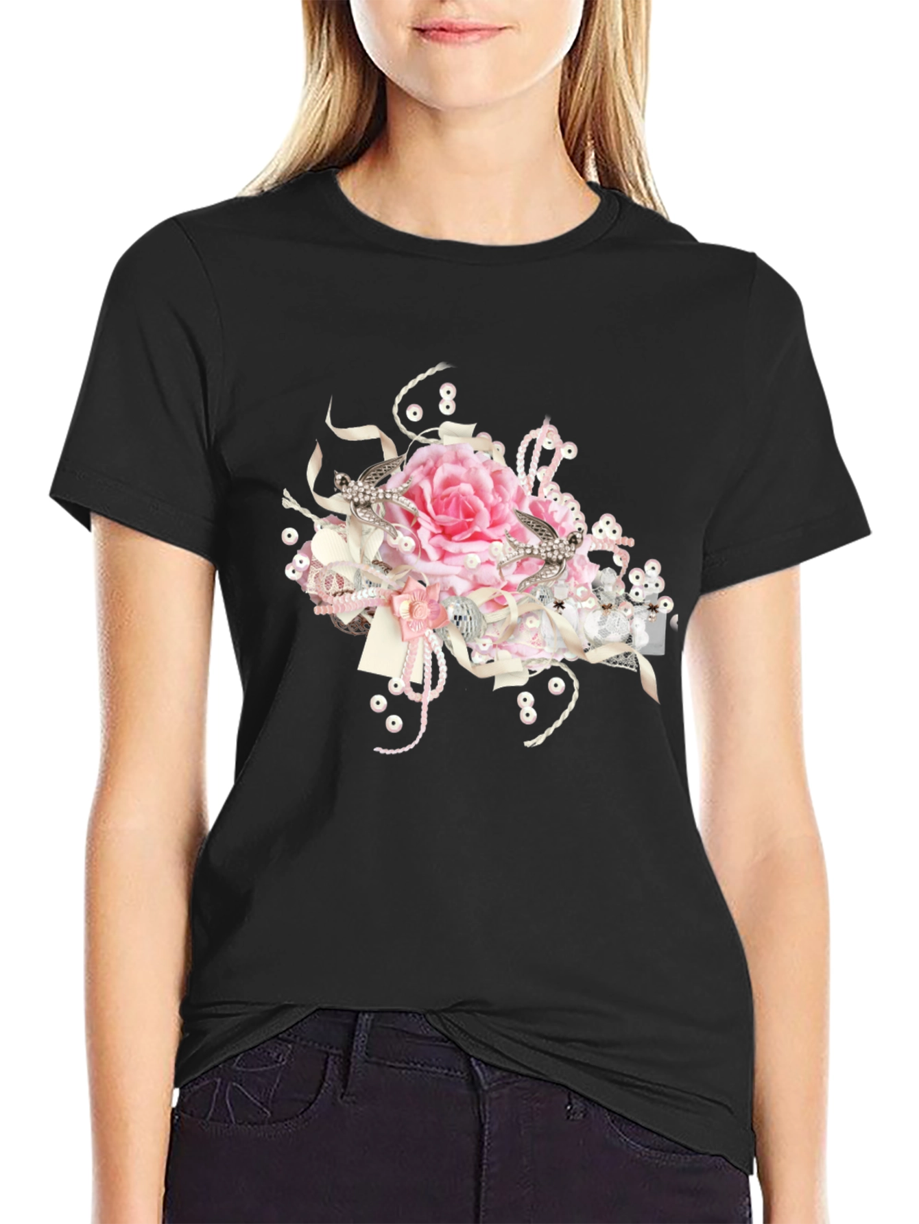 Black Tee with Floral Embellishment